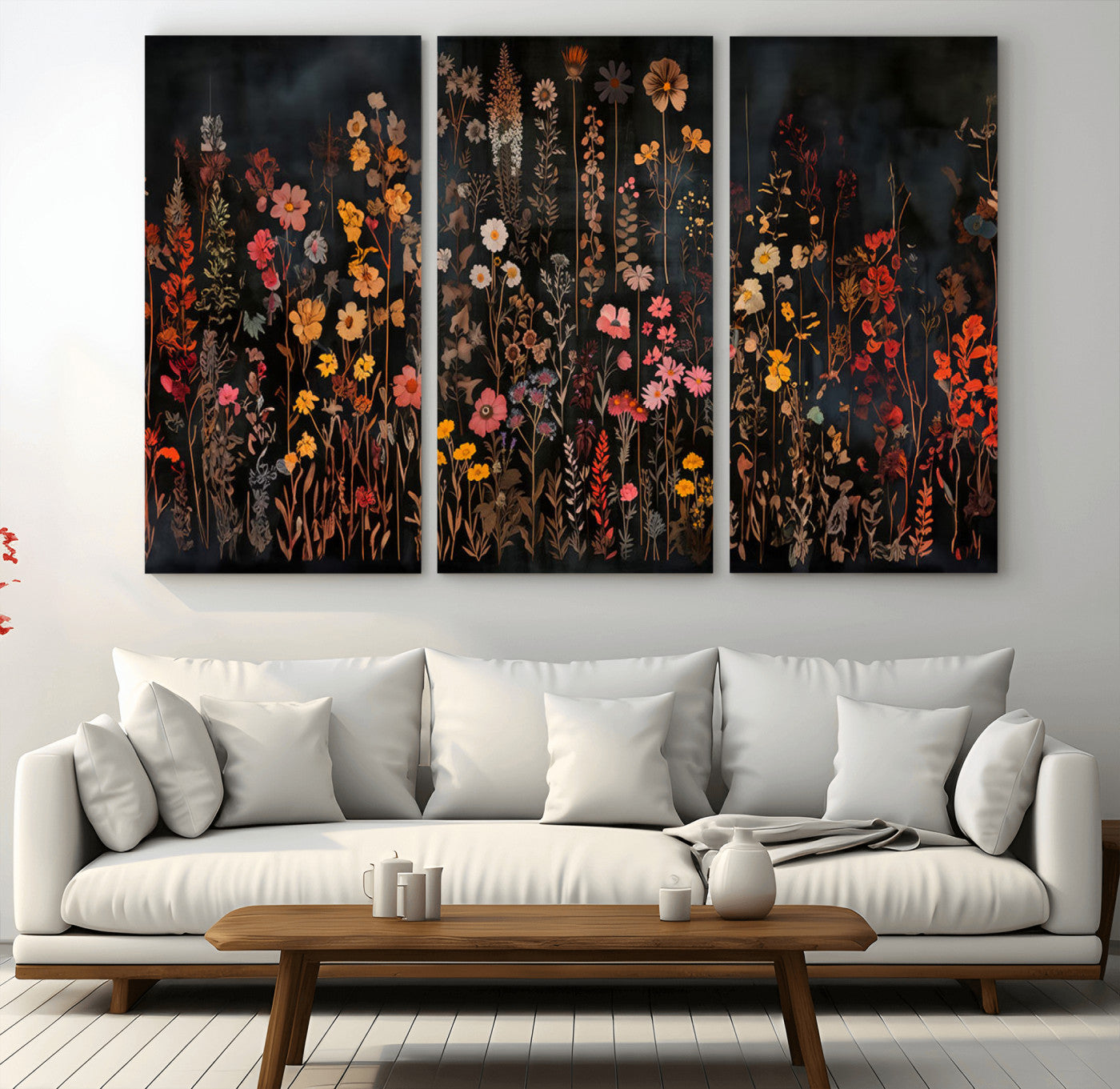 MGV-CV-48X32-3P - Dark Floral Canvas Wall Art - Moody Botanical Flower Print - Rustic Floral Wall Decor for Home -