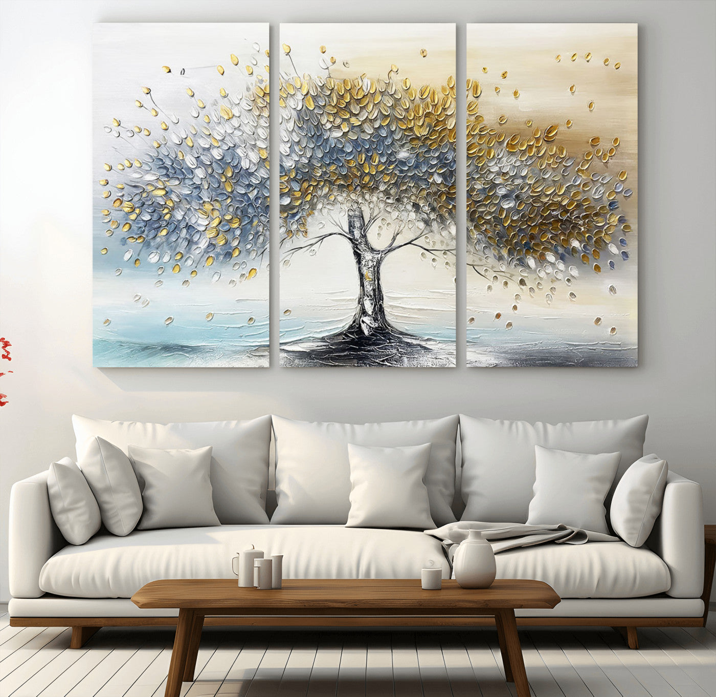 An elegant impasto painting featuring a tree with shimmering silver and gold leaves, blending soft pastels to create a calm and sophisticated atmosphere.