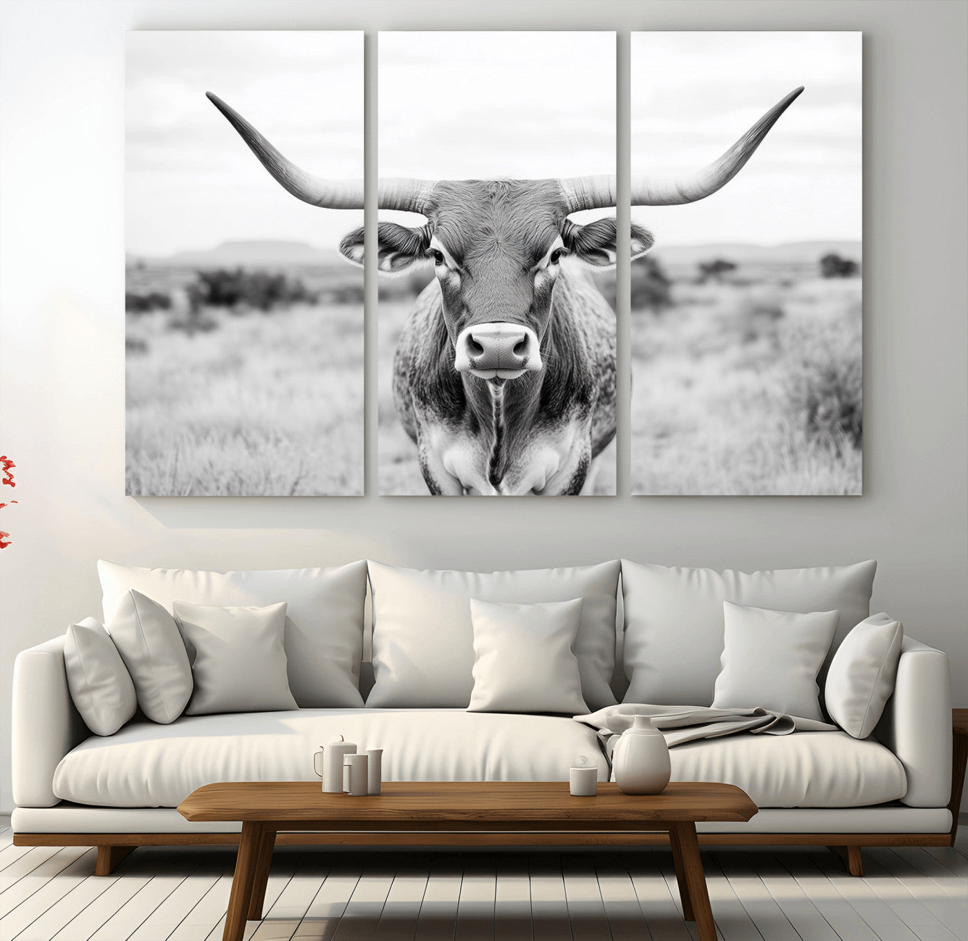 MGV-CV-48X32-3P - Highland Cow Wall Art Print - Black and White Texas Western Longhorn Canvas - Farmhouse Decor Print