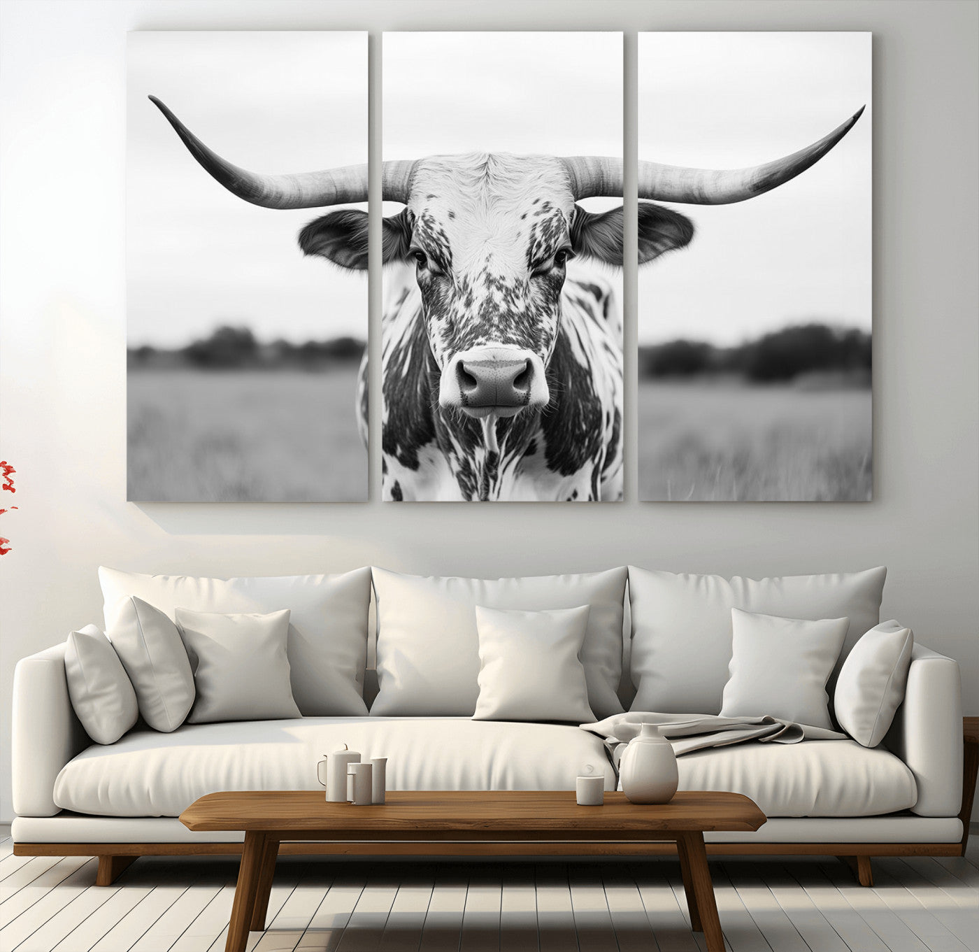 MGV-CV-48X32-3P - Highland Cow Wall Art - Black and White Western Longhorn Canvas Print - Farmhouse Living Room Decor