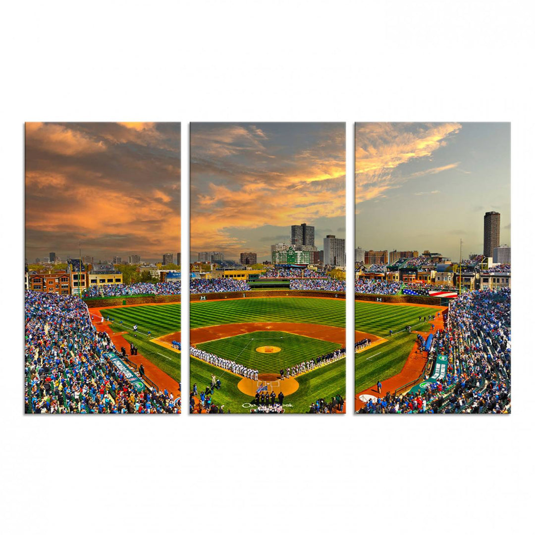 Aerial view of Wrigley Field at sunset against a vibrant sky, creating the perfect Chicago Wrigley Field Canvas Wall Art.