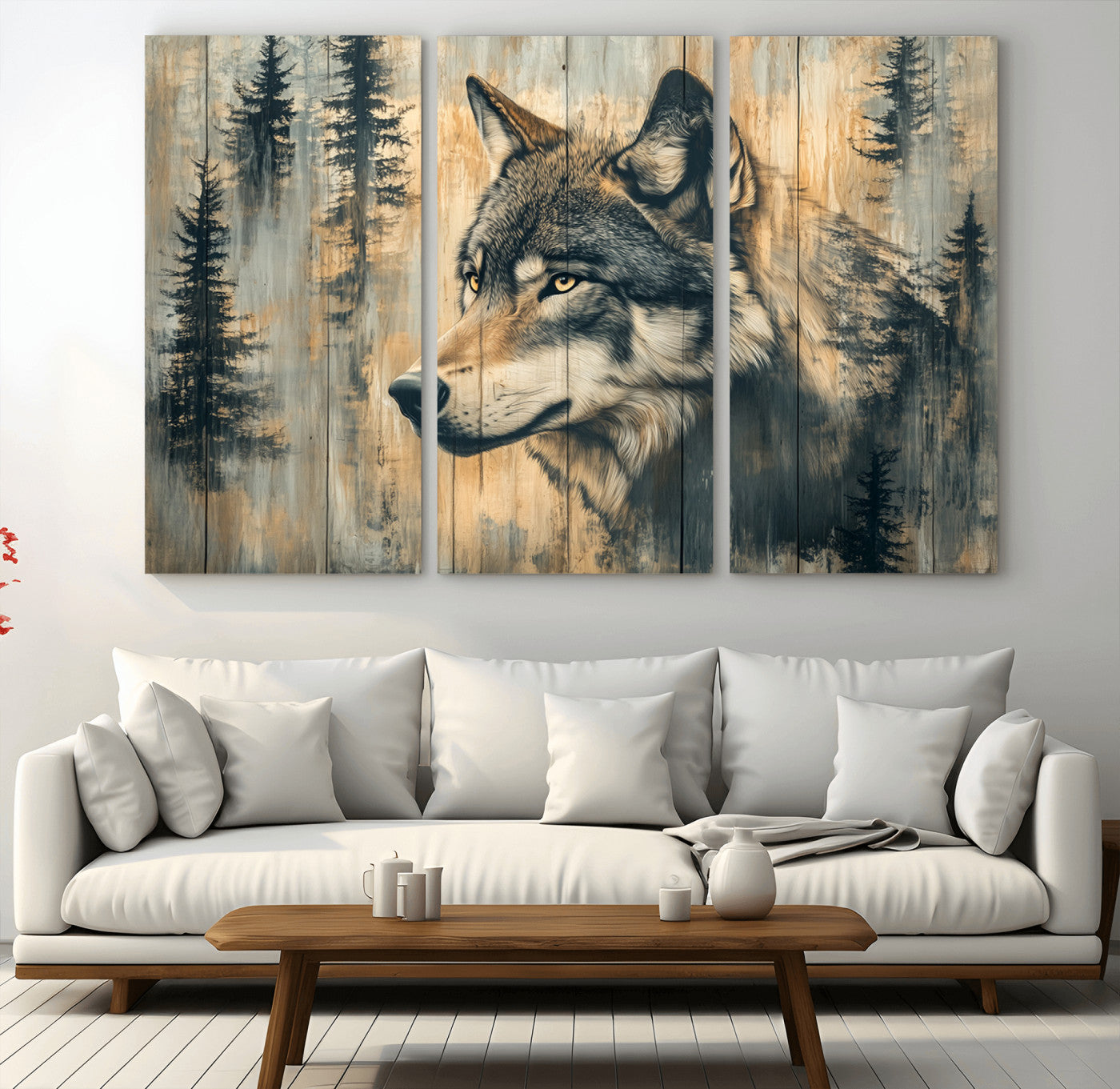 51892-MGV-CV-48X32-3P-Wood Style Rustic Wolf Wall Art Canvas Print, Vintage Woodland Wolf Wall Art, Framed Wood Style Wolf