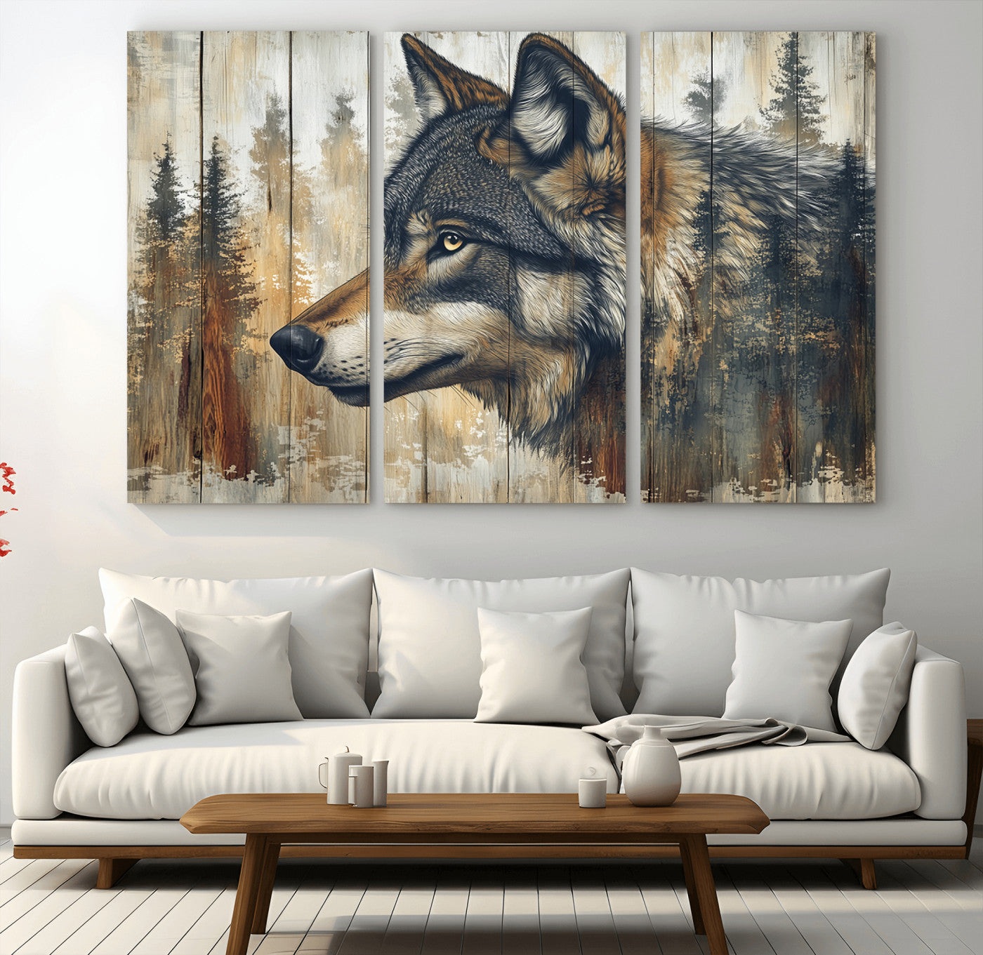 MGV-CV-48X32-3P - Rustic Wolf Wall Art Canvas Print, Vintage Woodland Wolf Wall Art