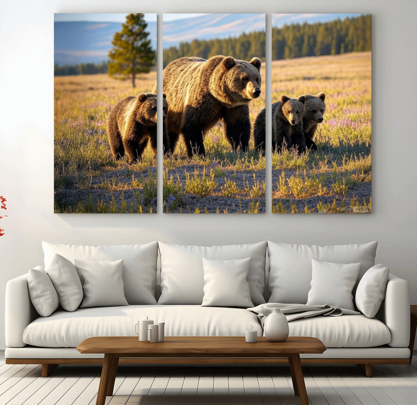 MGV-CV-48X32-3P - Grizzly 399 in Wild Flowers Wall Art Canvas Print, Grizzly Bears Wall Art, Queen of Grand Teton