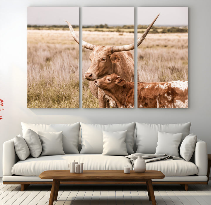 60320-MGV-CV-60X40-3P-Texas Longhorn Cow Wall Art Canvas Print for Farmhouse Wall Art, Texas Decor, Western Wall Art Print