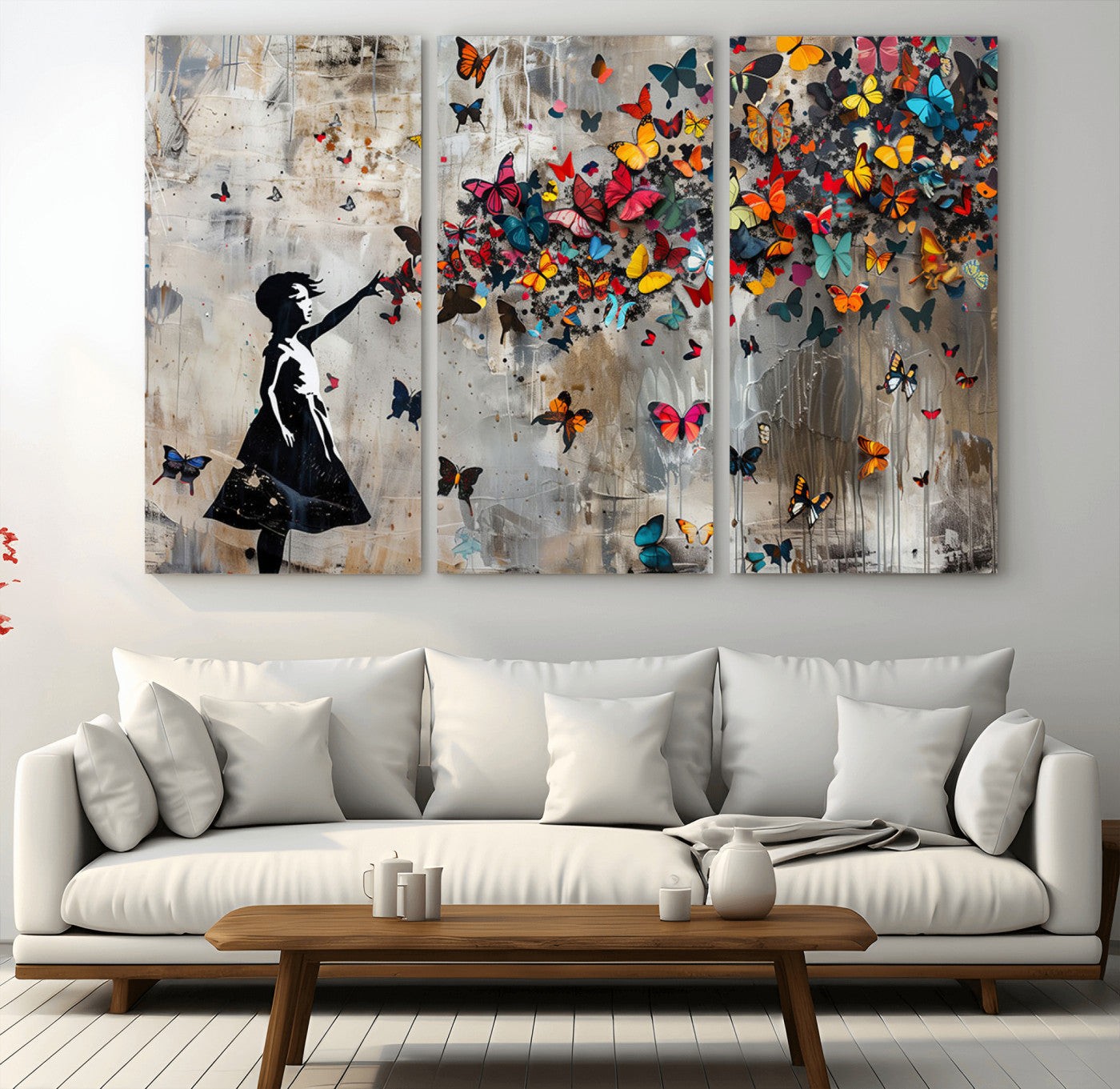 MGV-CV-48X32-3P - Banksy Butterfly Girl Wall Art | 3-Piece Butterfly Girl Canvas