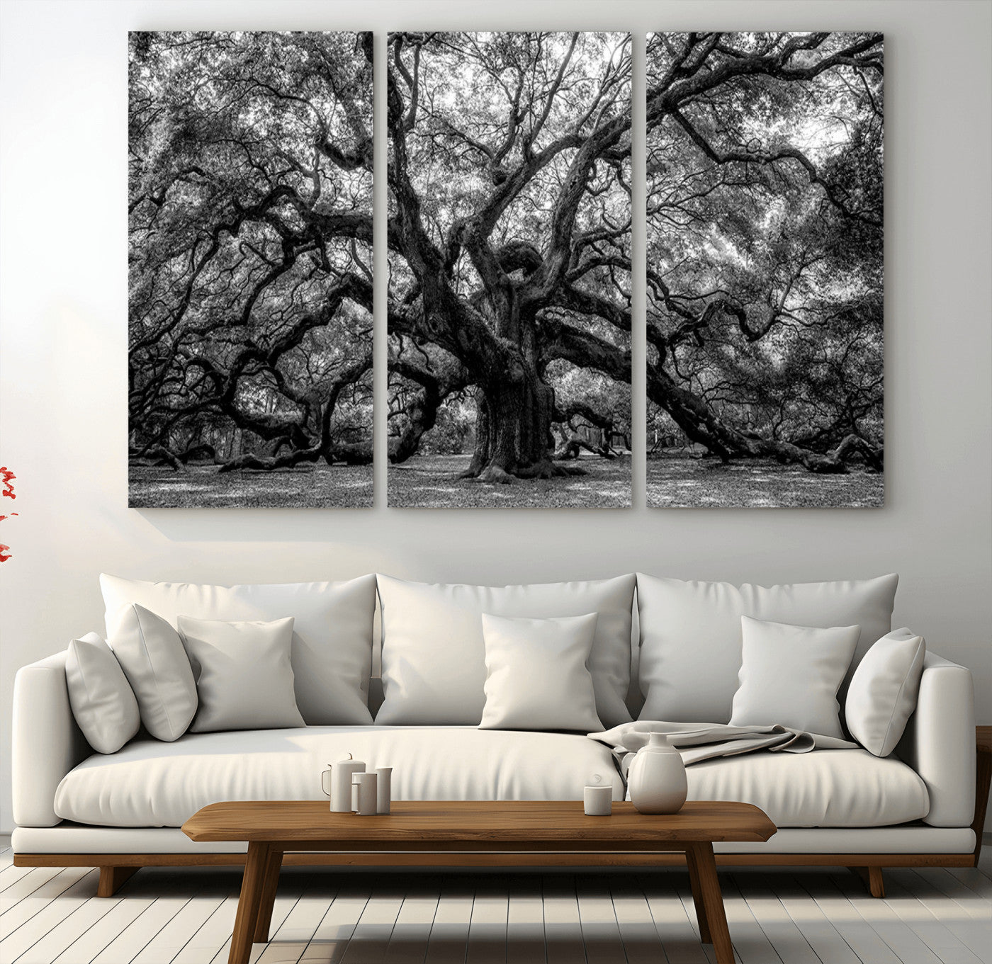 MGV-CV-48X32-3P - Black and White Old Angel Oak Tree Wall Art Canvas Print