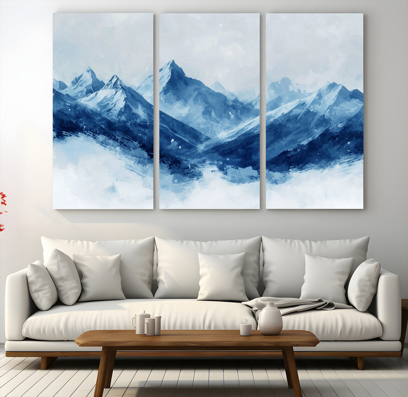 Peaceful watercolor-style painting of snowy blue mountains in soft tones, perfect for winter-themed or minimalist wall decor.