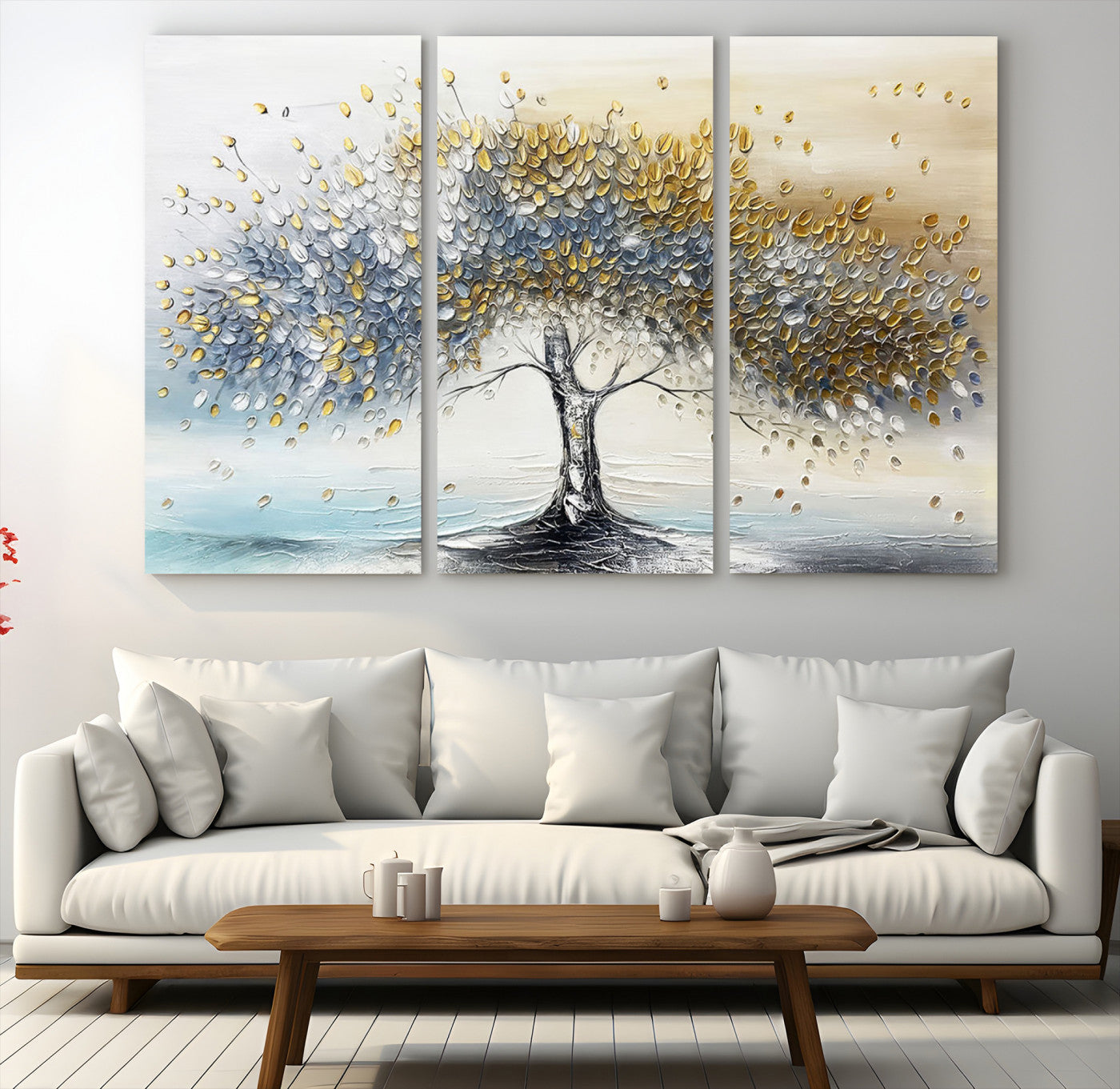 Canvas of a silver and gold textured tree with a soft neutral background, ideal for elegant and minimalist home decor styles.
