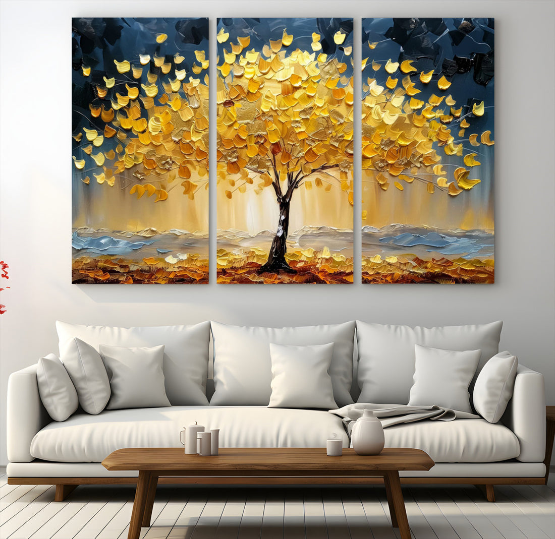 Golden Tree Wall Art | Framed Autumn Leaves Canvas Artwork