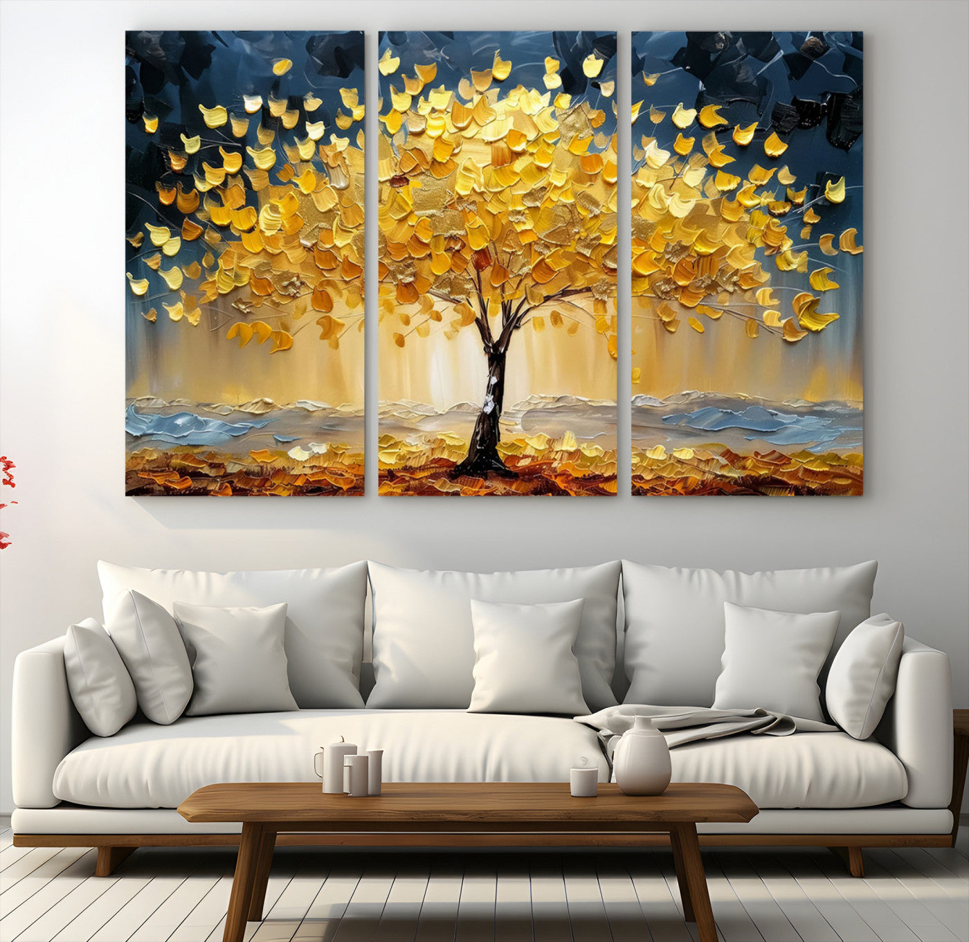 Canvas of a golden autumn tree with textured brushstrokes and moody blue skies, perfect for dramatic and vibrant home decor.