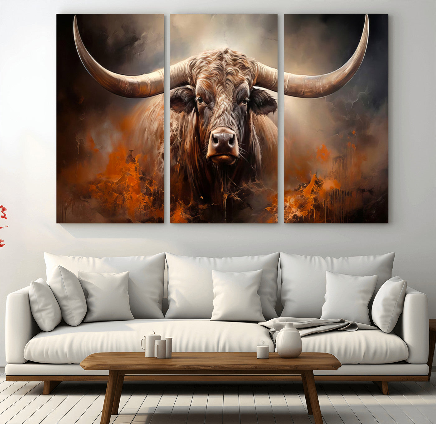 MGV-CV-48X32-3P - Highland Bull Canvas Abstract Canvas Wall Art Print – Powerful Highland Bull with Striking Horns in
