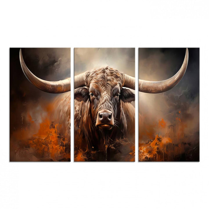 A Highland Bull with striking horns is depicted in a fiery abstract style on a ready-to-hang wall art canvas, evoking strength.