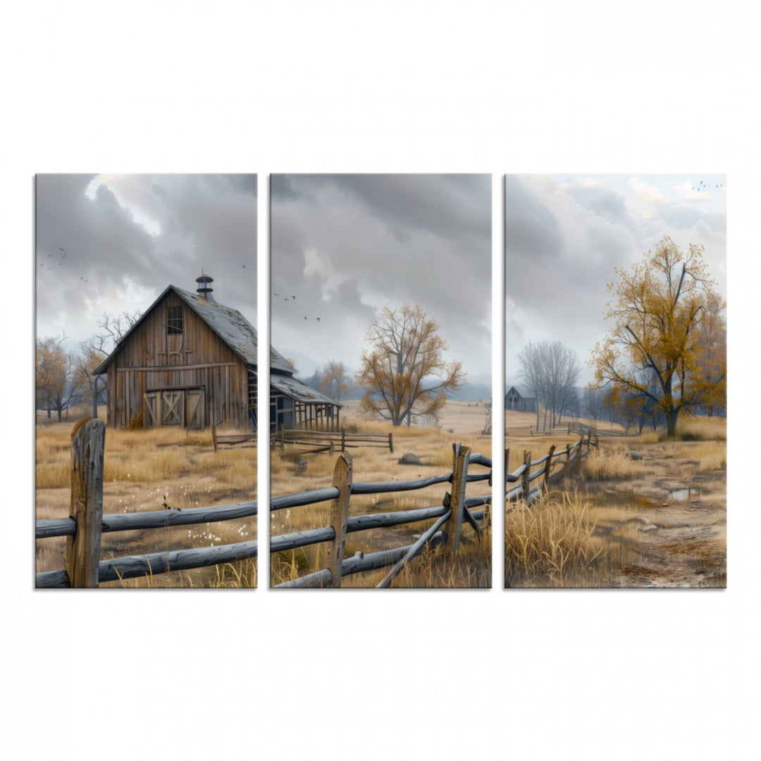 Rustic Autumn Farmhouse Wall Art – Weathered Barn & Trees Canvas Print, featuring a serene scene with birds in the sky. This piece is ready to hang.