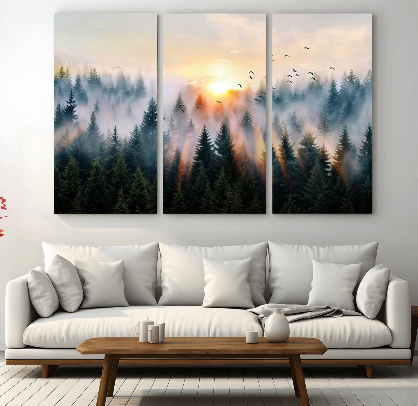 MGV-CV-48X32-3P - Abstract Forest Wall Art - Serene Nature Canvas Print with Misty Forest Design for Modern Home or