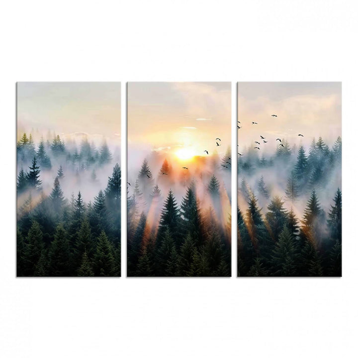 Sunrise over a misty forest with rays filtering through trees in the Abstract Forest Wall Art featuring soaring birds.