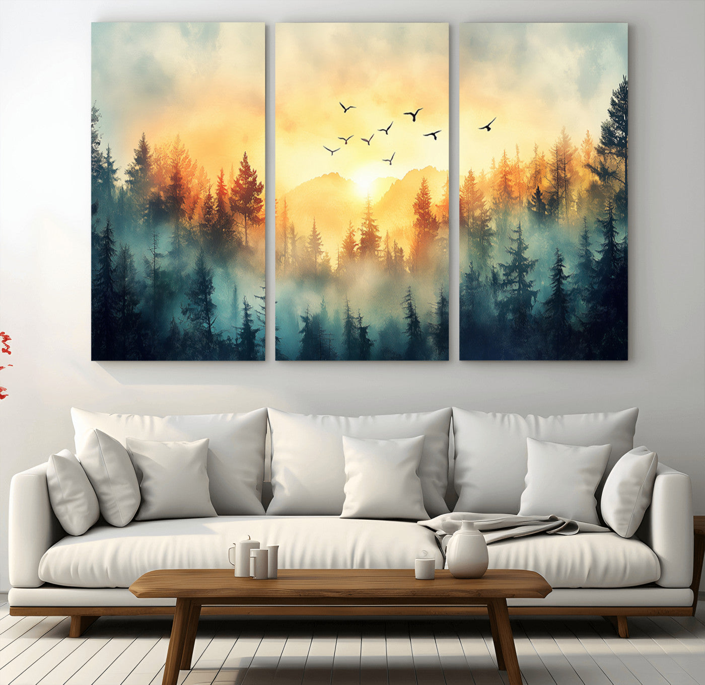 MGV-CV-48X32-3P - Abstract Forest Wall Art Print- Serene Nature Canvas Print with Misty Forest Design for Modern Home