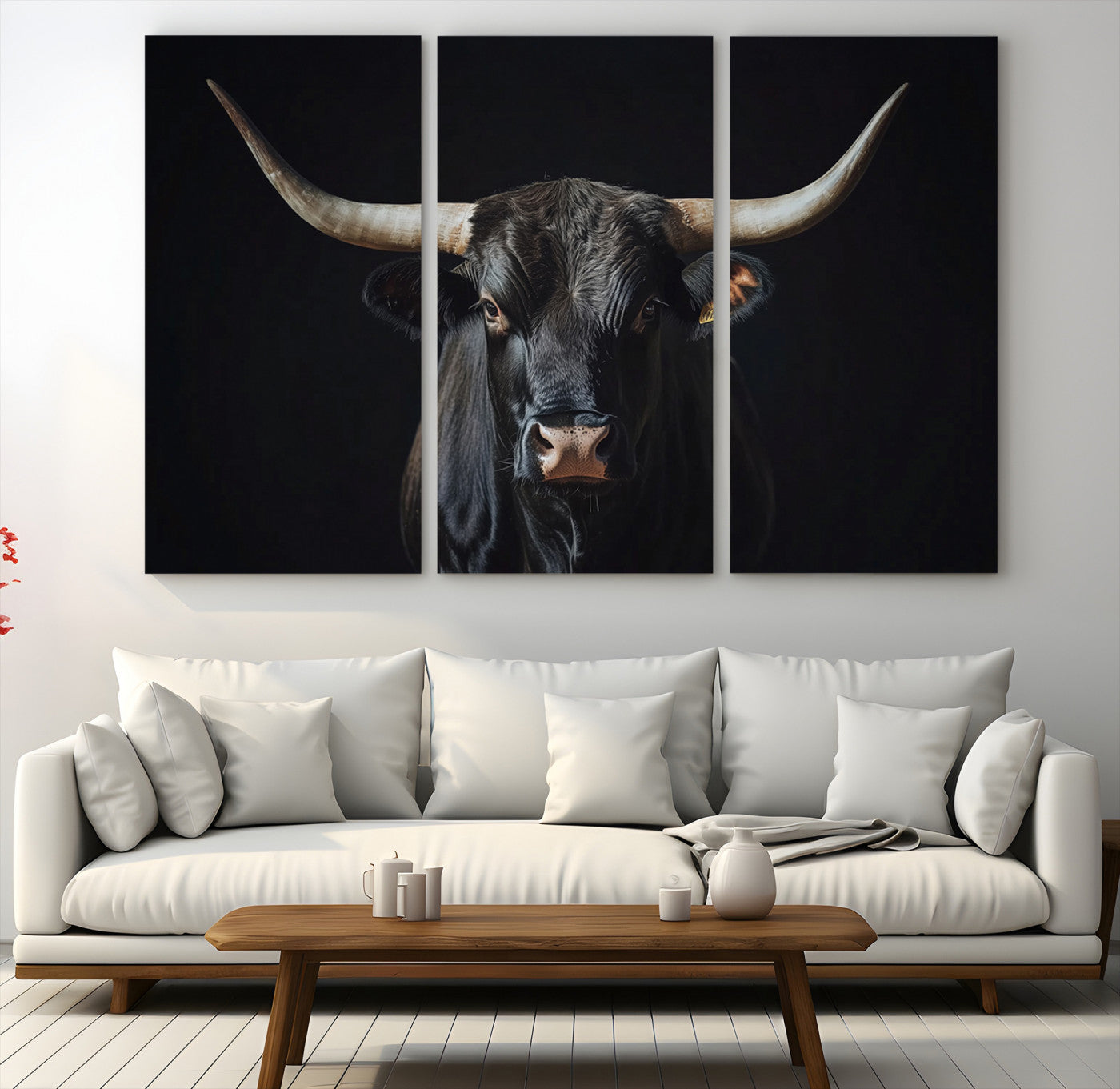 Canvas of a black longhorn bull against a dark background, featuring moody tones and western character for rustic or cowboy-inspired spaces.