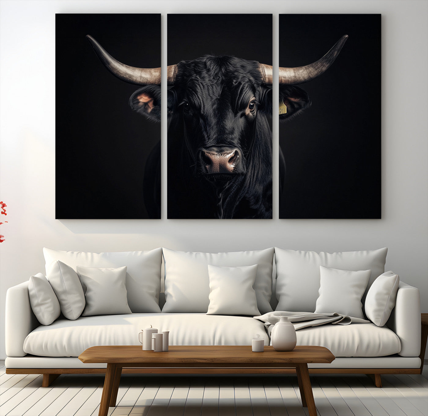 Canvas featuring a black horned bull in moody lighting on a dark background, perfect for western or rustic farmhouse-style home decor.