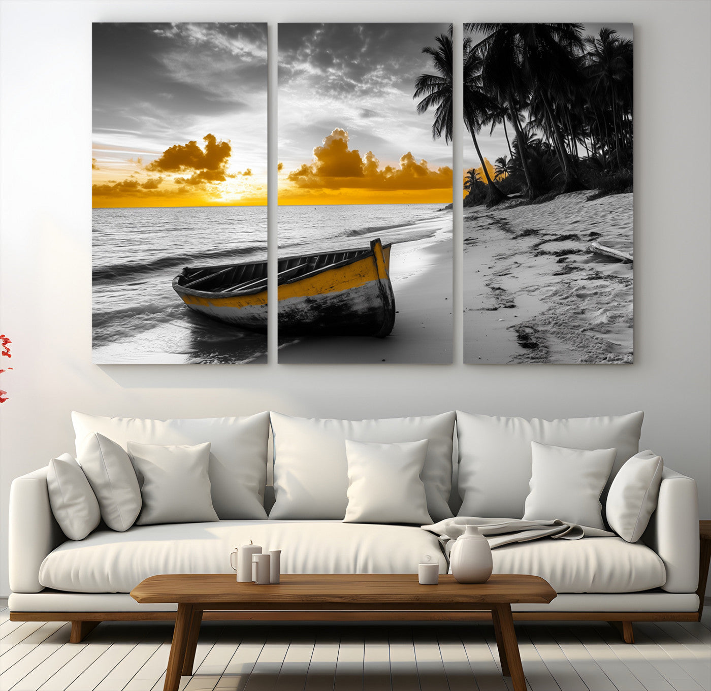 11727511-MGV-CV-48X32-3P-Yellow Rowboat Wall Art – Framed Tropical Shoreline Canvas Artwork, Sunset Beach Design, Serene Coastal Decor for Home, Office