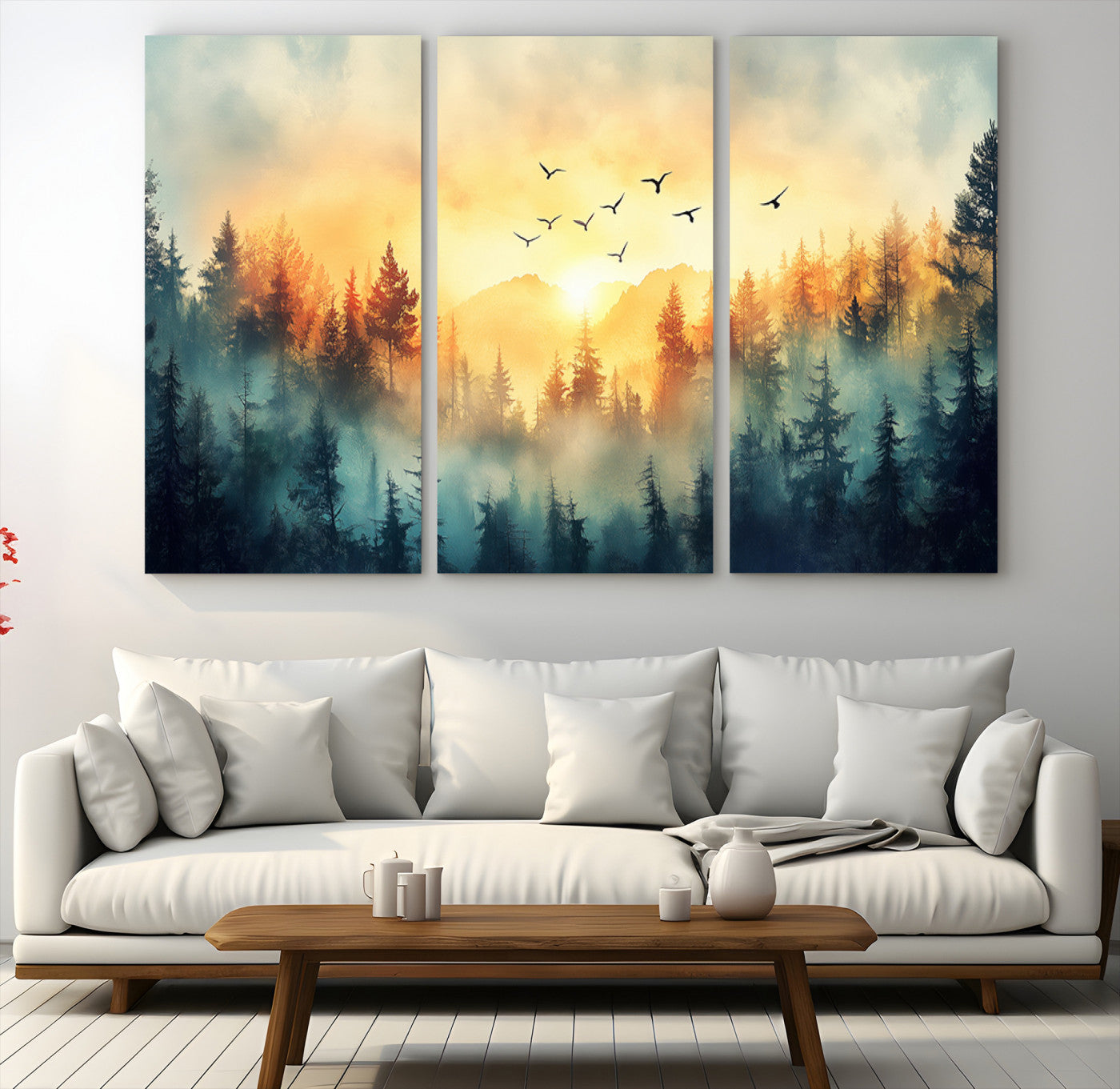 Canvas of a misty pine forest at sunrise with golden light and birds flying across the sky, perfect for tranquil nature-themed wall decor.