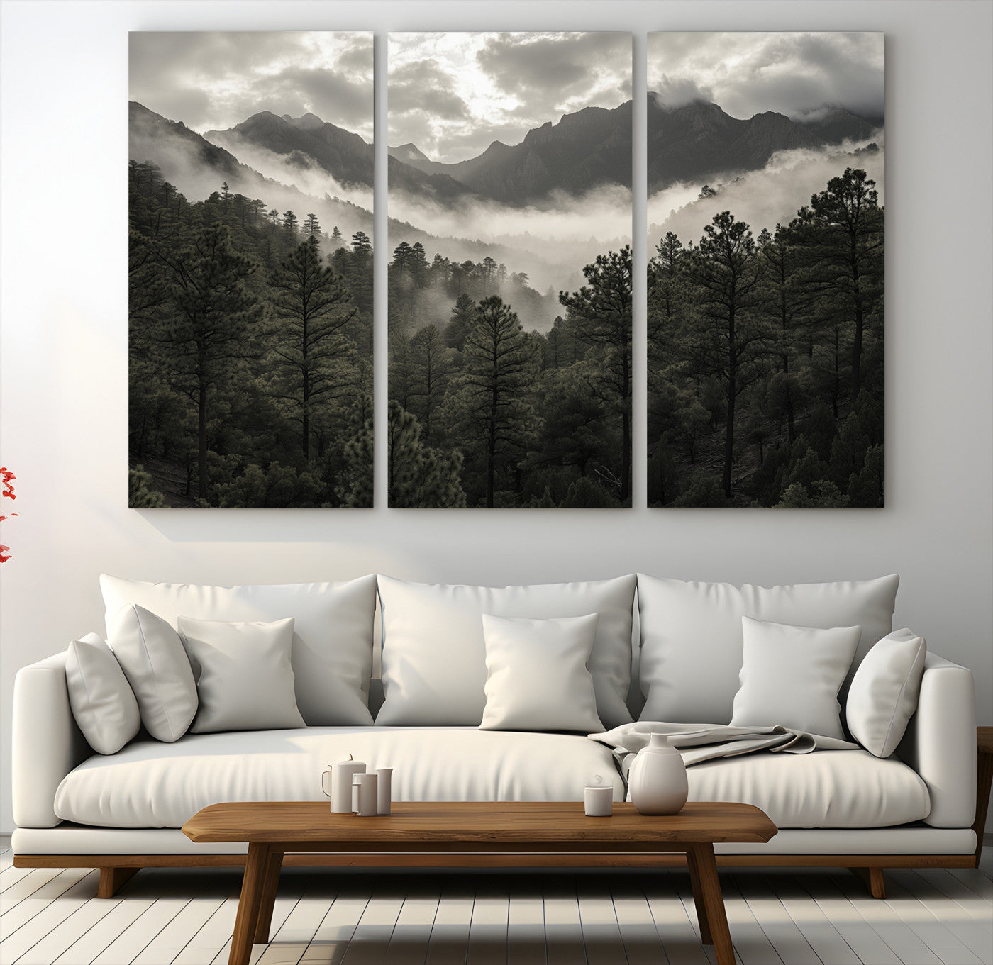 Canvas of moody pine forest and foggy mountain peaks under overcast skies, ideal for calm and rustic woodland-themed home decor.