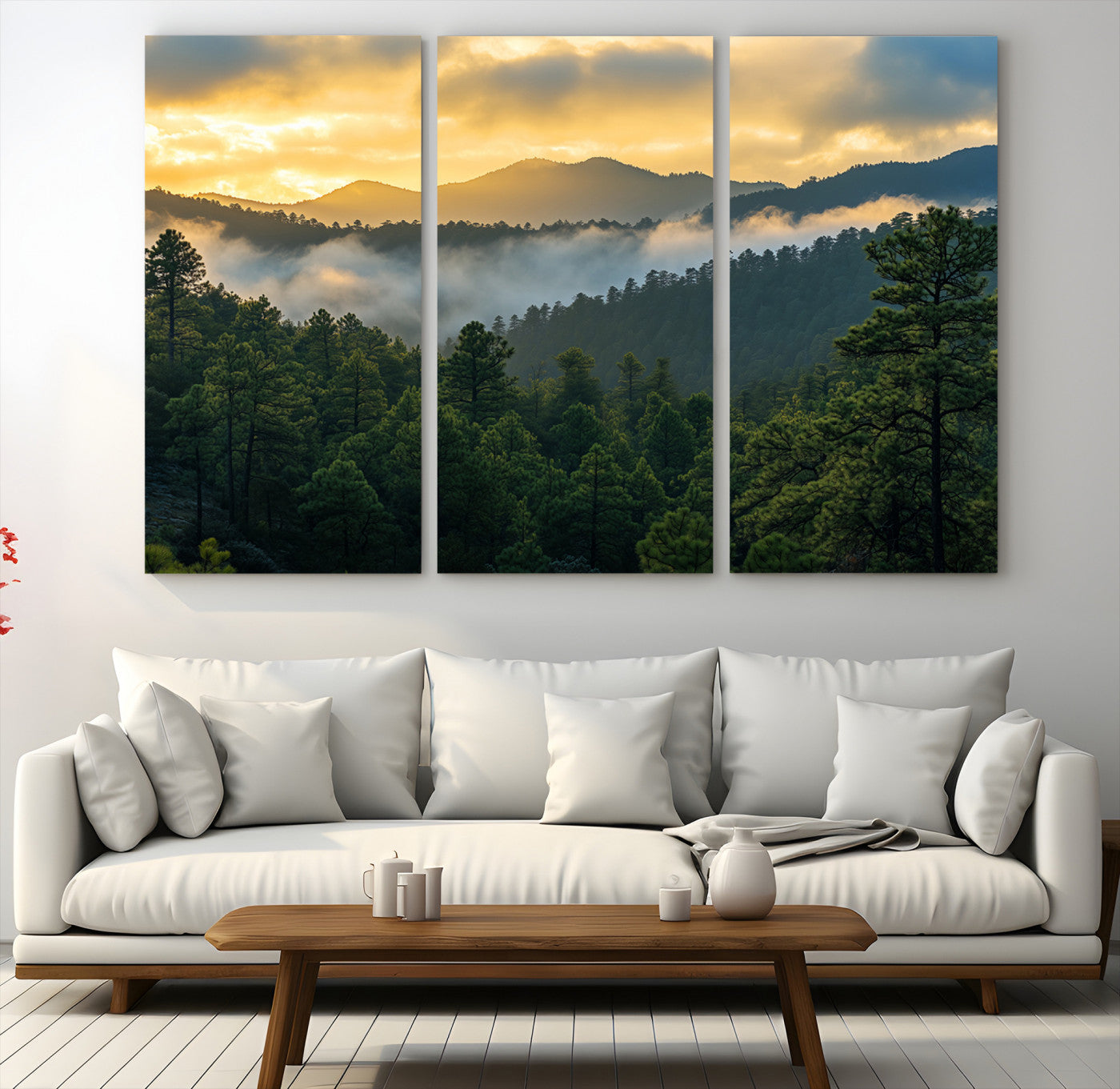 Canvas of misty pine-covered mountains at sunrise, featuring golden light and fog layers, ideal for tranquil earthy home decor.
