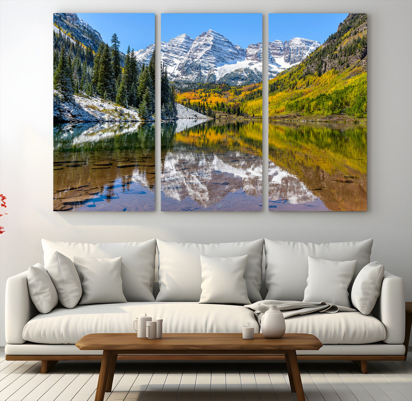 Canvas of Maroon Bells reflected in a clear alpine lake, with golden aspens and snowy peaks, ideal for crisp autumn or mountain-themed decor.