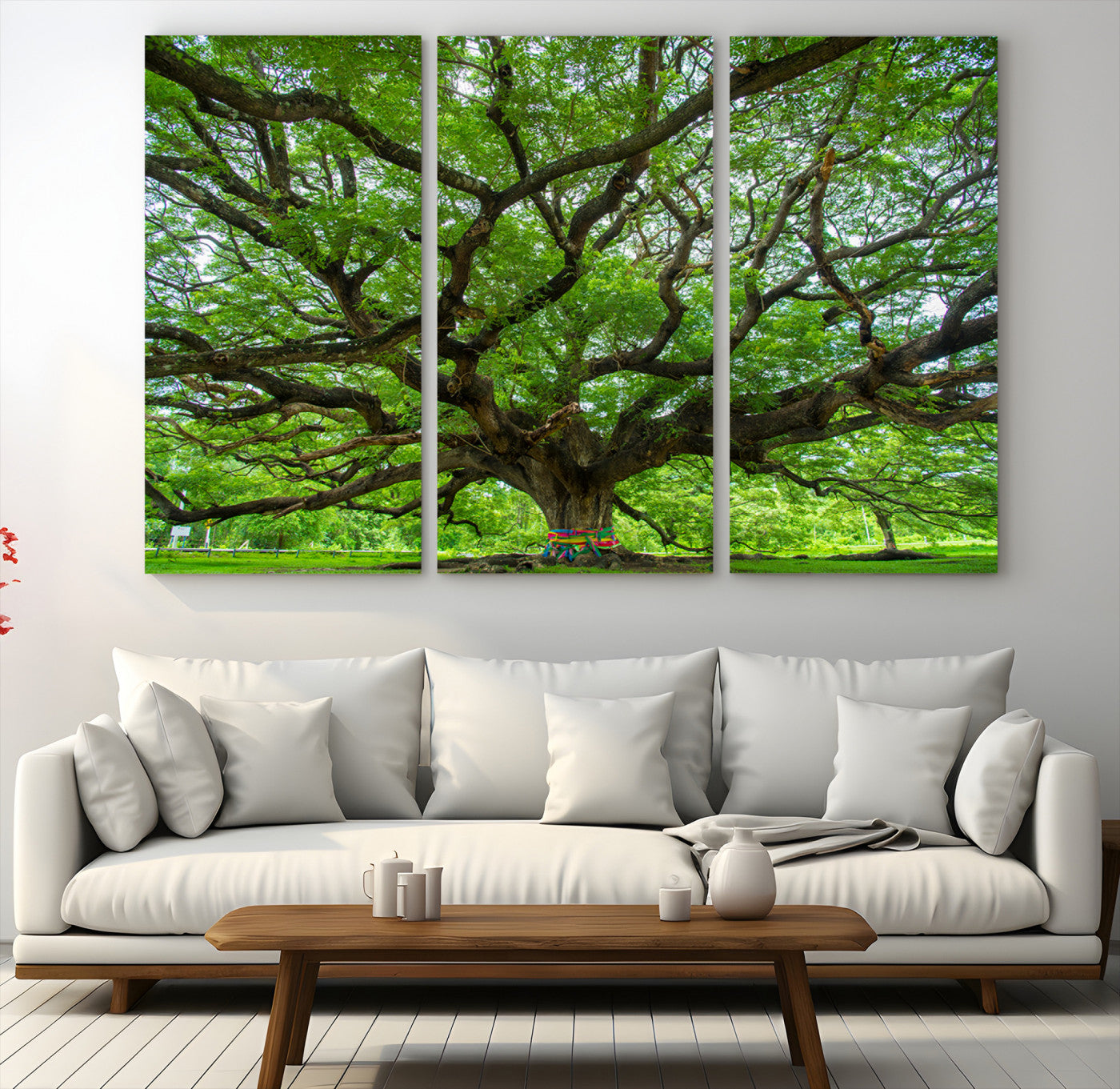 16118389-MGV-CV-48X32-3P-Ancient Tree Wall Art Canvas Print – Majestic Branches and Expansive Green Canopy, Nature's Strength, Perfect for Home