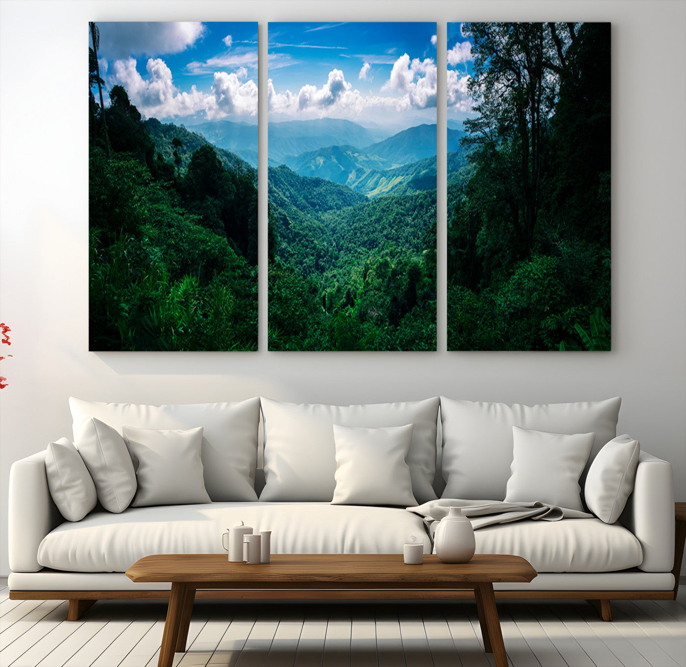 Canvas of a misty tropical jungle with vibrant greenery and layered blue mountains, ideal for exotic nature-themed wall décor.