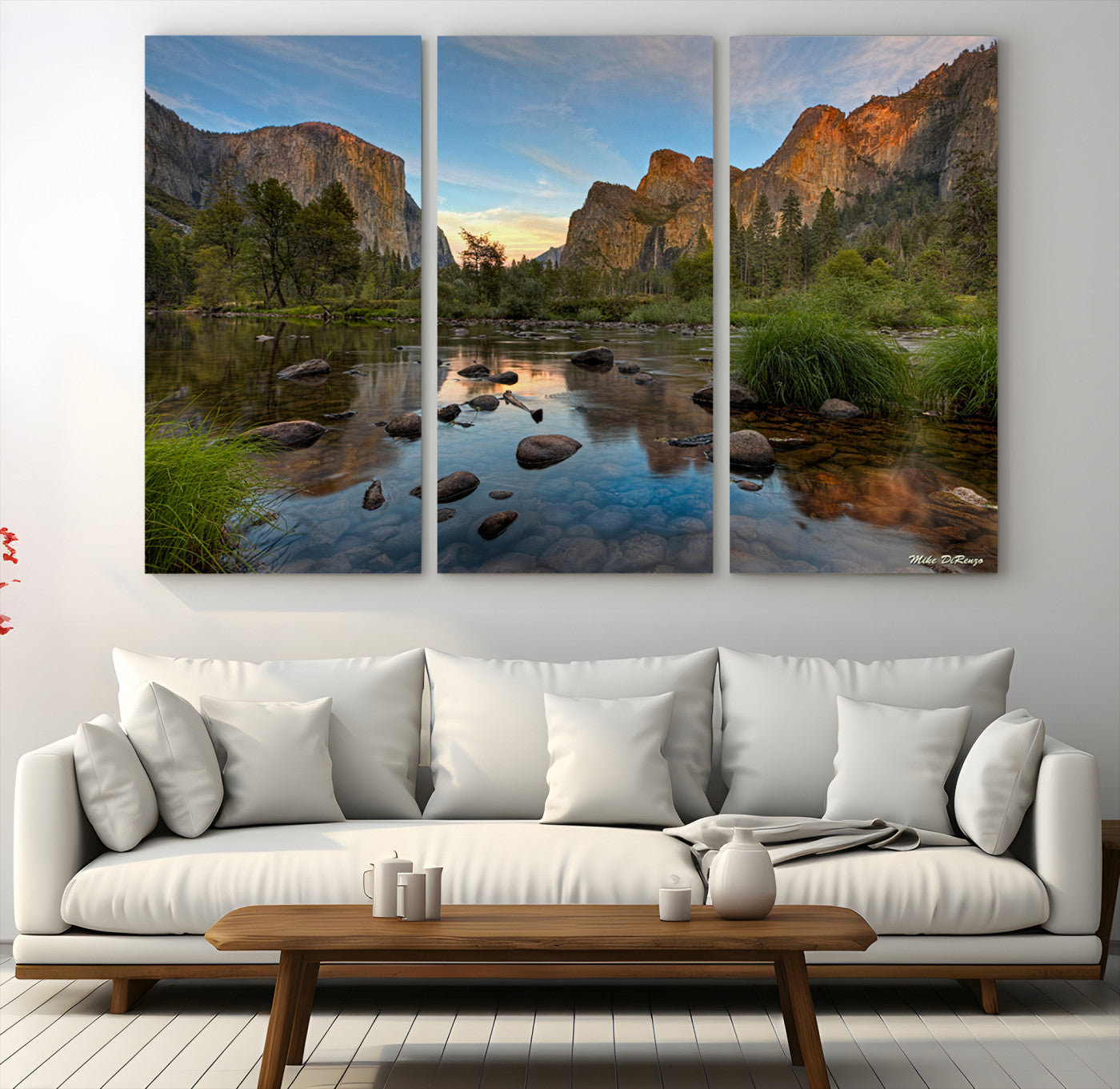 Canvas of Yosemite Valley with El Capitan and sunset reflections in a calm river, perfect for rustic or nature-themed décor.
