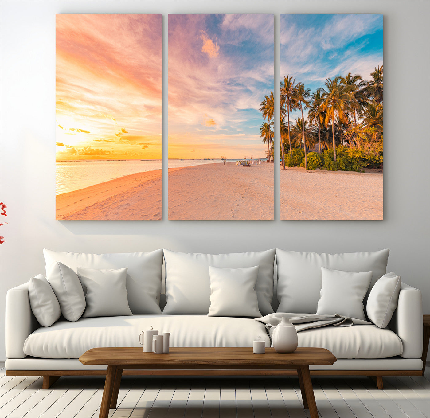Tropical beach canvas with palm trees and soft sunset tones, ideal for coastal or beach-style home décor in warm pastel hues.