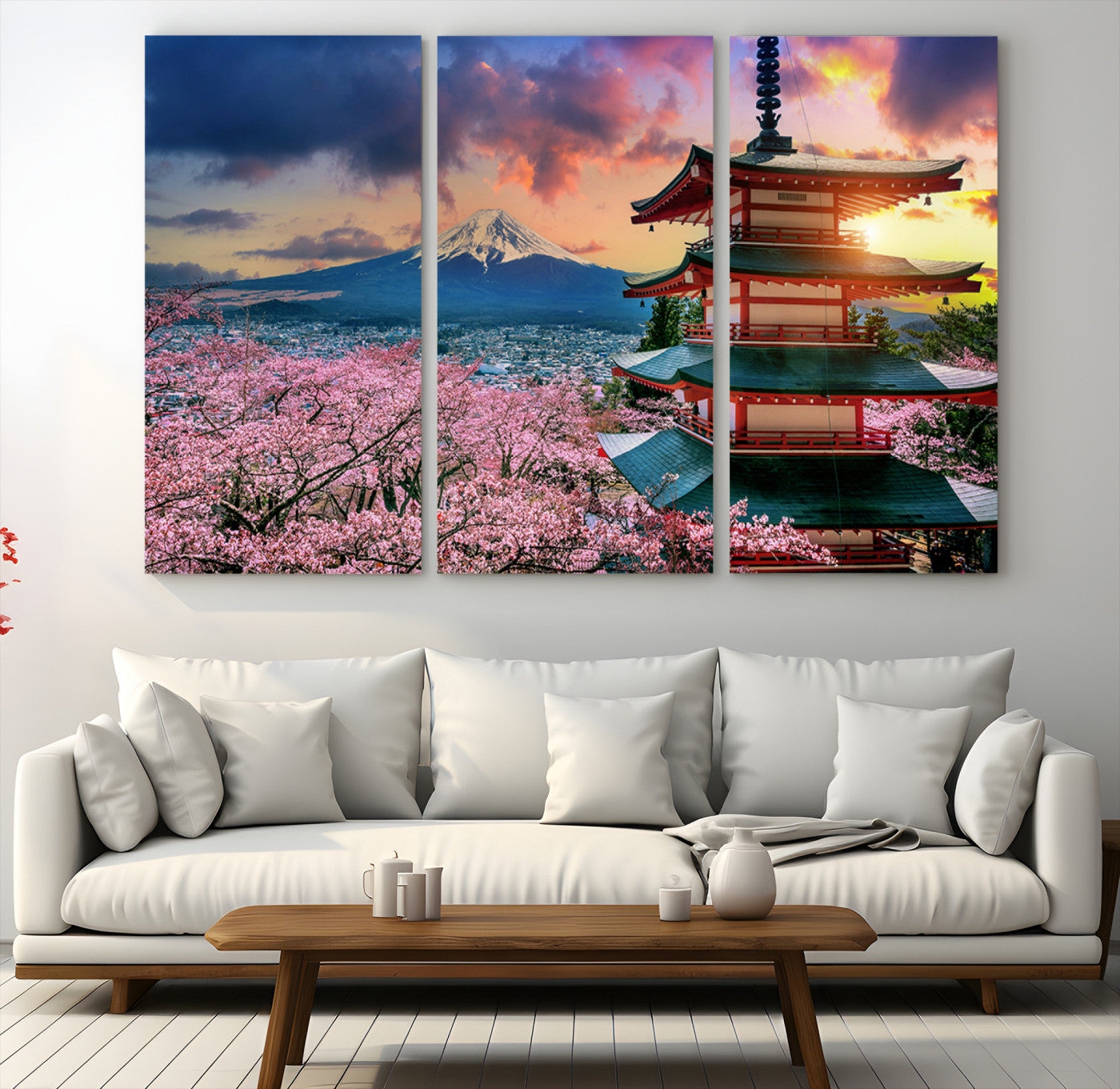 32331262-MGV-CV-48X32-3P-Mount Fuji Cherry Blossom Wall Art Canvas Print – Framed Pagoda Sunset Japan Landscape for Home, Office
