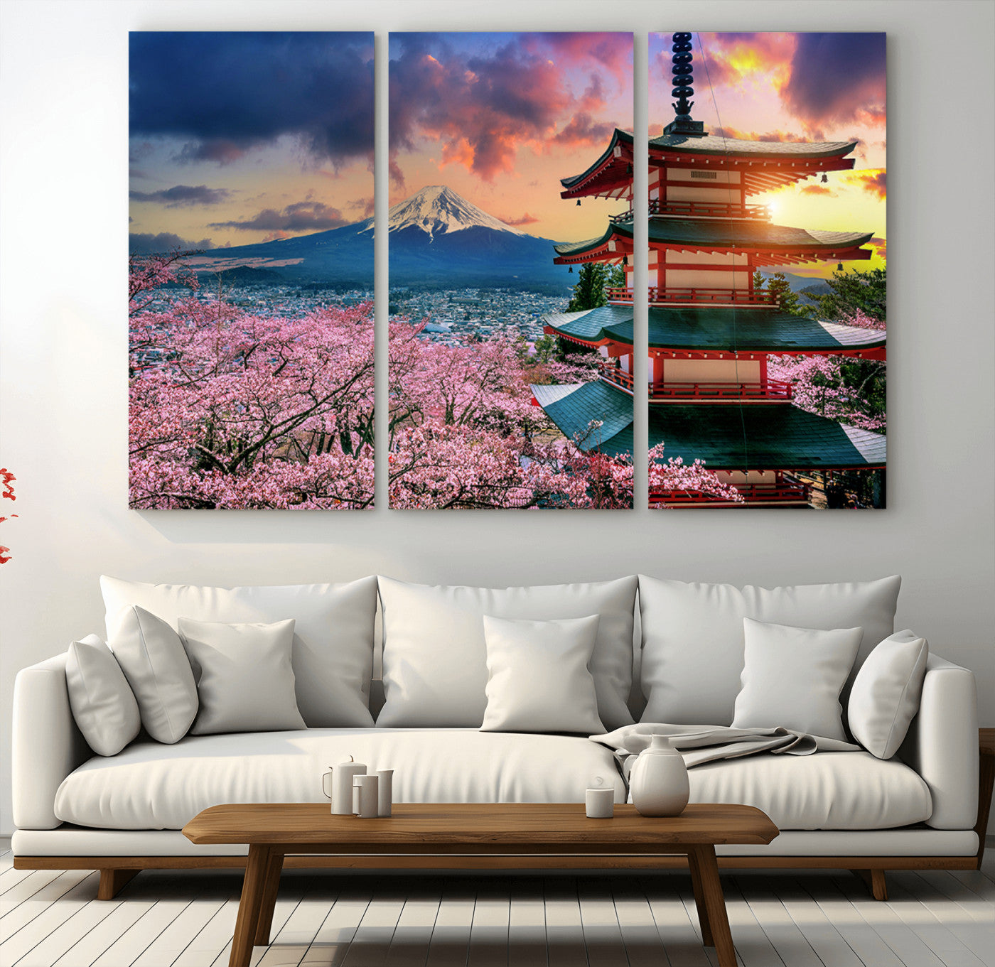MGV-CV-48X32-3P - Mount Fuji & Cherry Blossom Wall Art Canvas Print – Iconic Japanese Landscape, Sakura Pagoda Sunset,