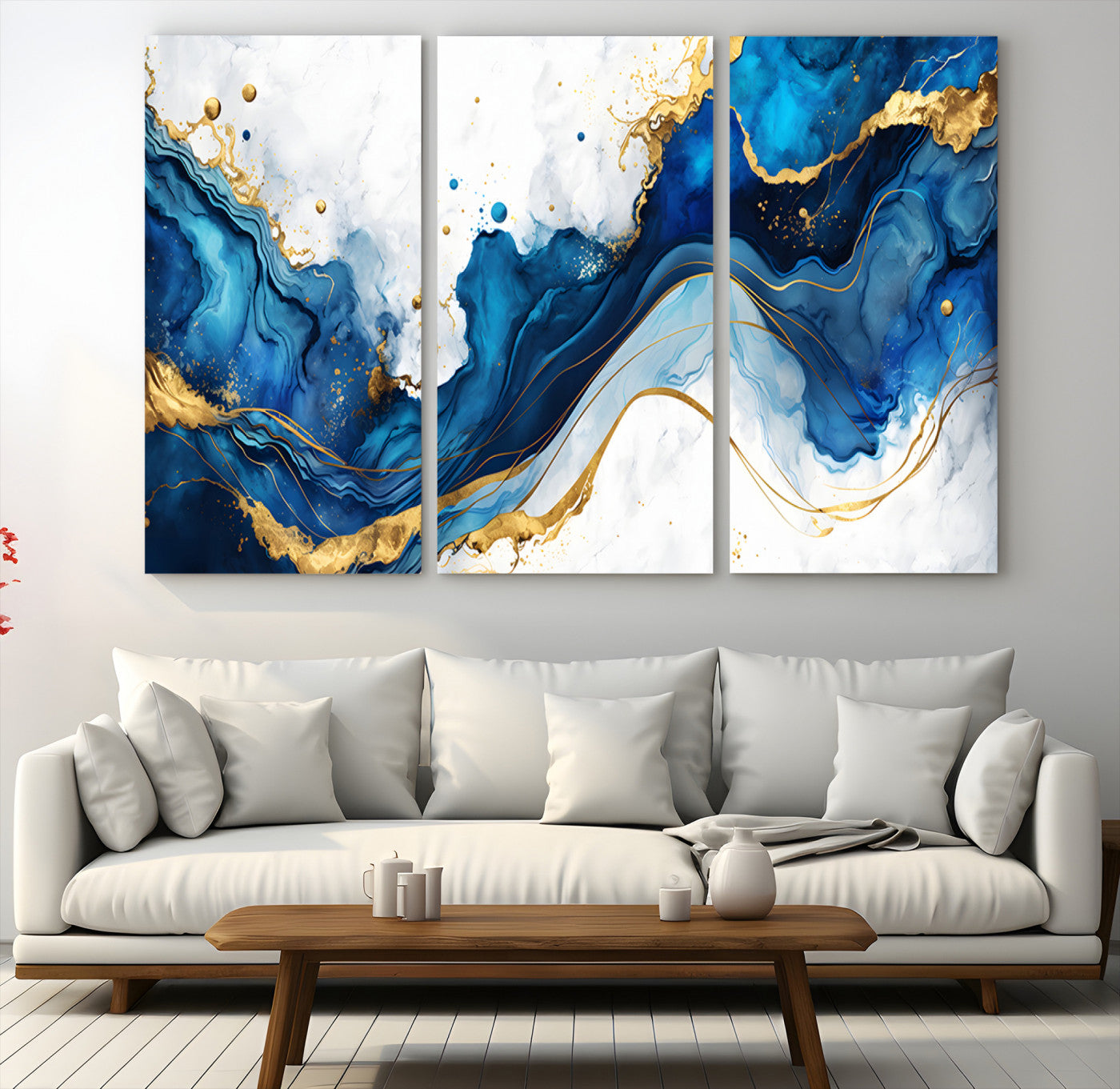 Elegant abstract canvas in cobalt blue and gold tones, featuring marble waves and fluid motion, ideal for luxe interior styling.
