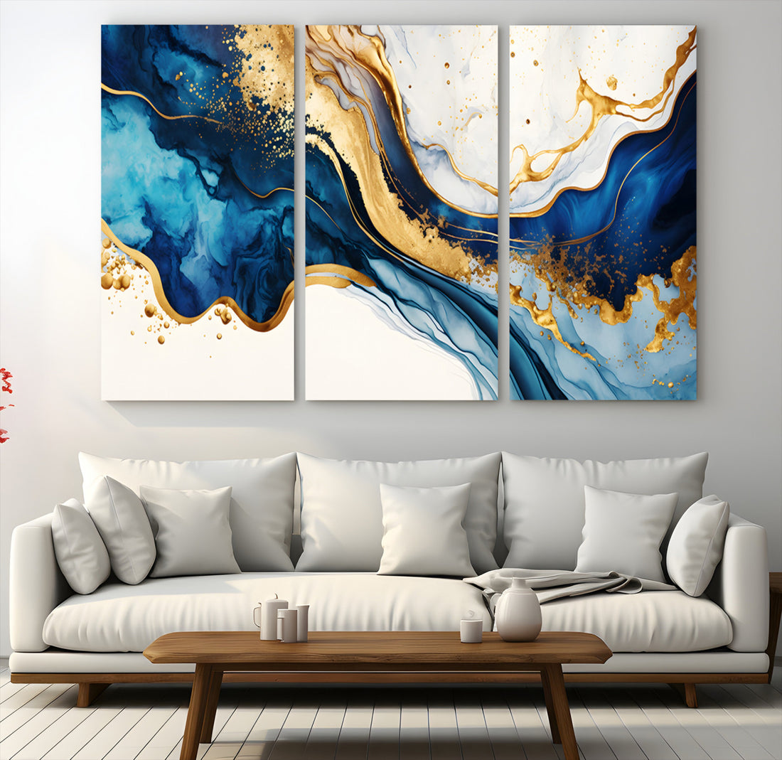 Blue Gold Flow Wall Art Canvas Print | Framed Marble Design