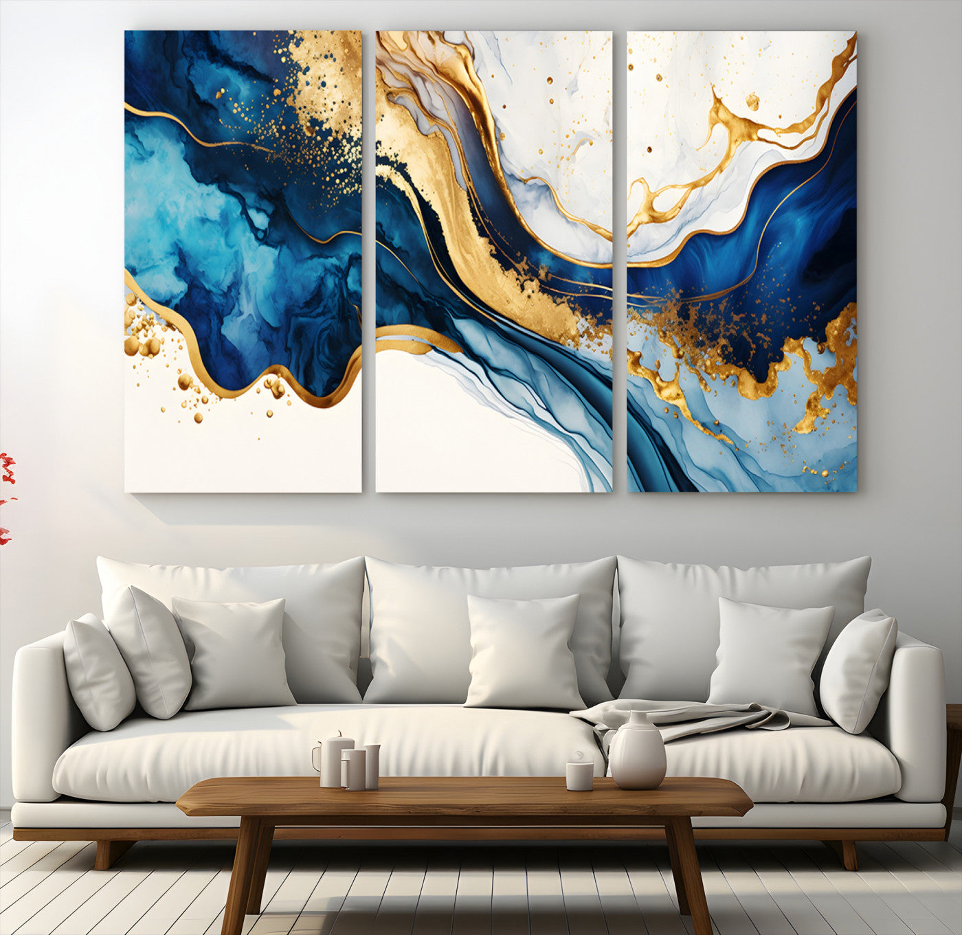 Canvas artwork with fluid blue and gold marbling, perfect for modern luxe or elegant abstract home decor styles.