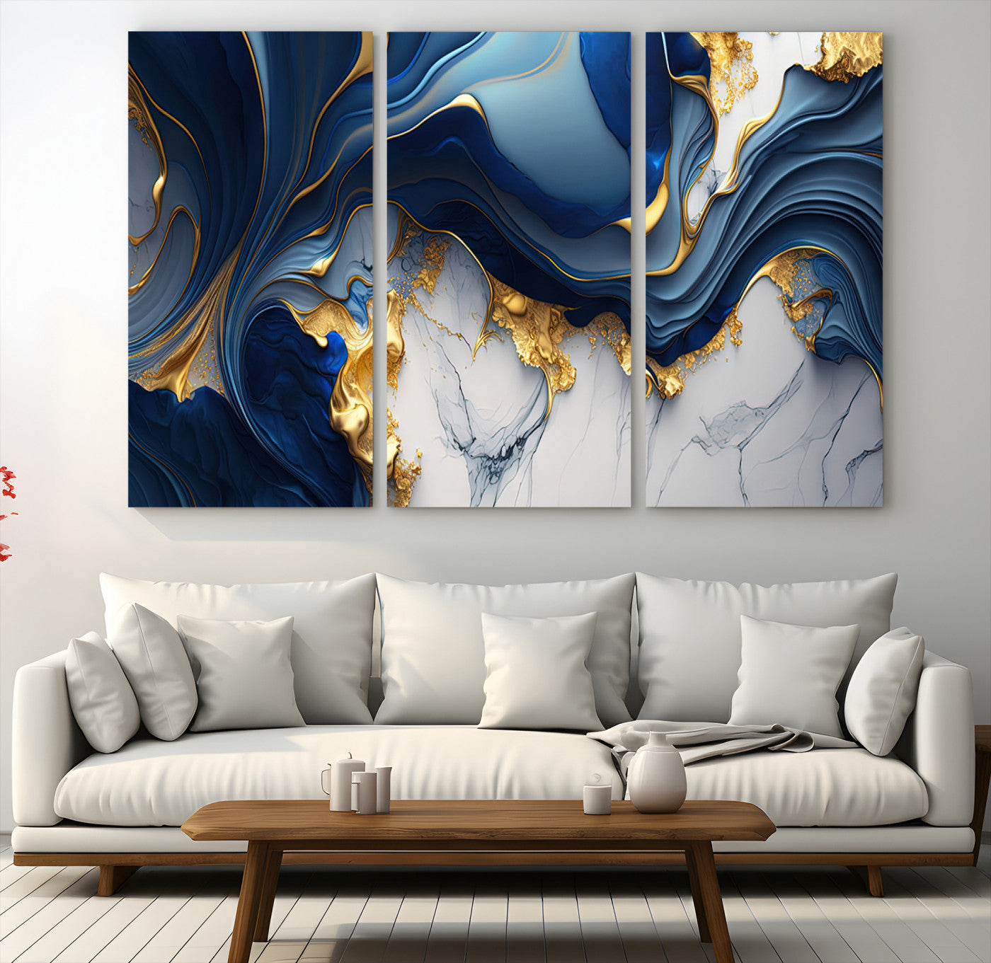 Canvas art with swirling blue marble and gold textures, ideal for elegant glam or modern luxury interior design settings.