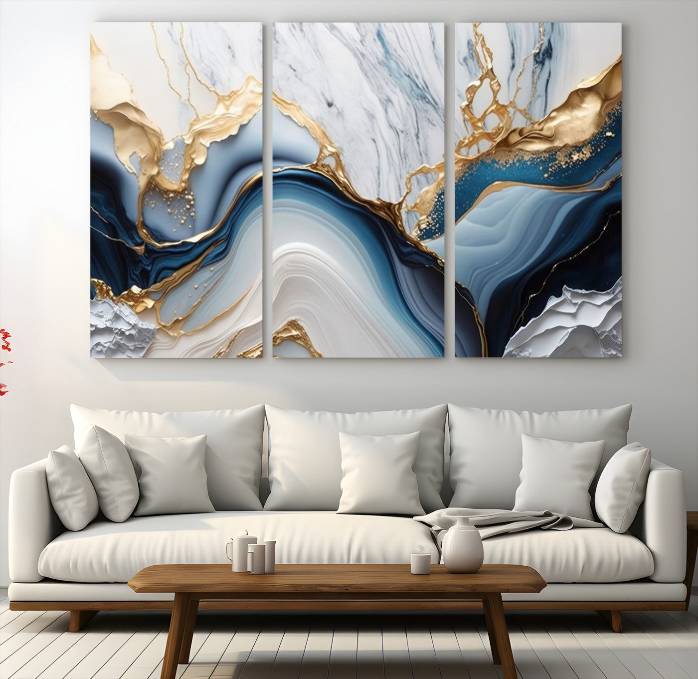 Abstract canvas with blue marble textures and flowing gold veins, ideal for modern luxury or coastal-inspired interior decor.