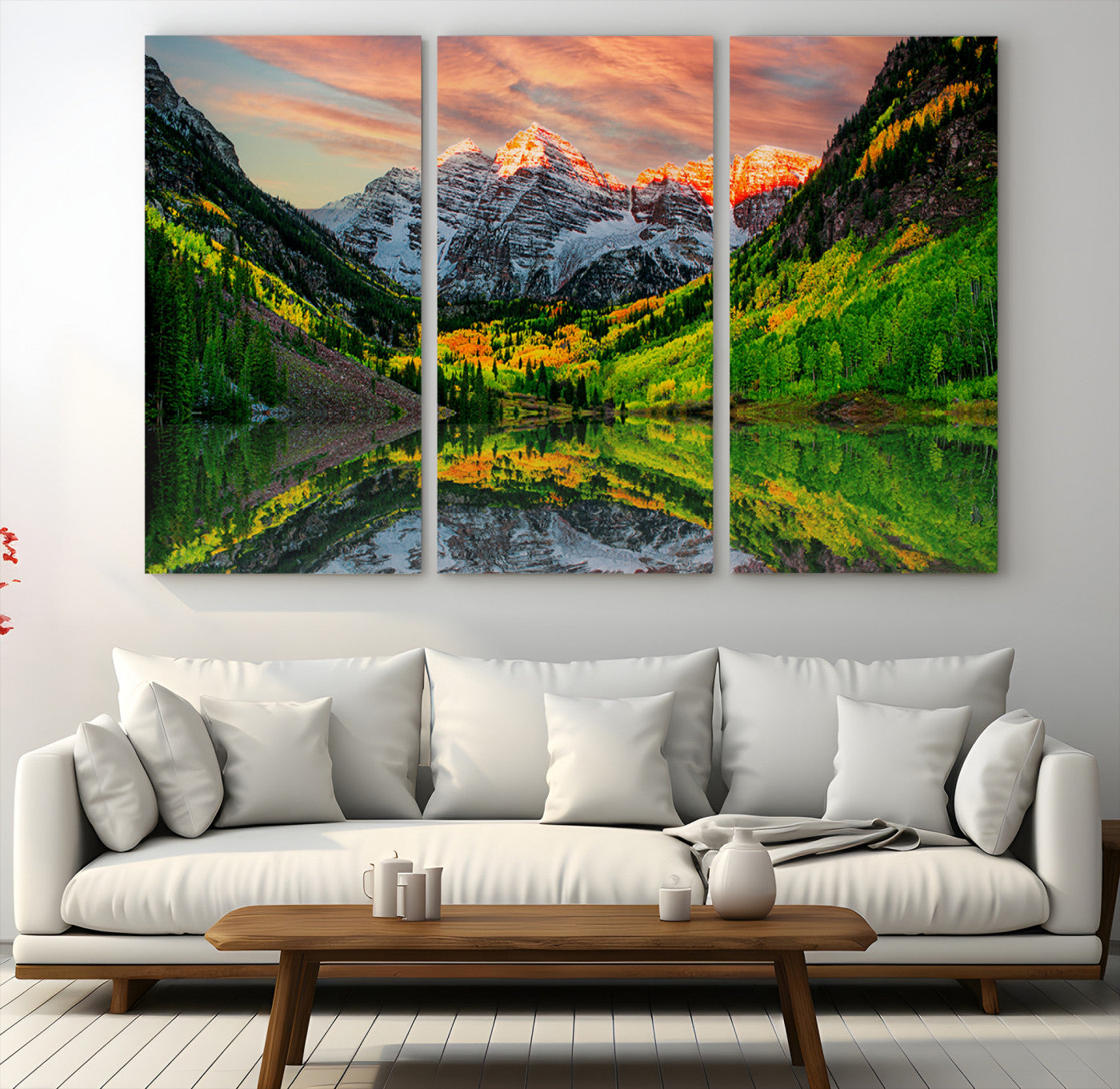 59533484-MGV-CV-48X32-3P-Wall Art Canvas Print – Sunset Glow Mountain Peaks Vibrant Green Forest Reflective Lake Calm Waters for Home, Office