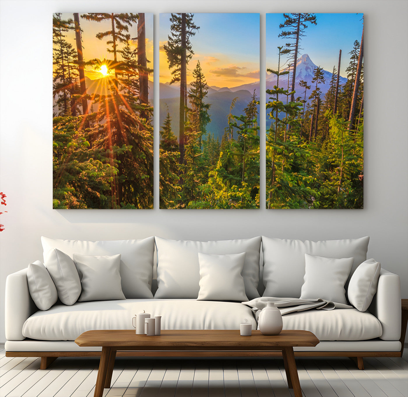 Colorful canvas of Mount Hood and Oregon forest at sunset, featuring sunburst light and lush pine trees for rustic nature decor.