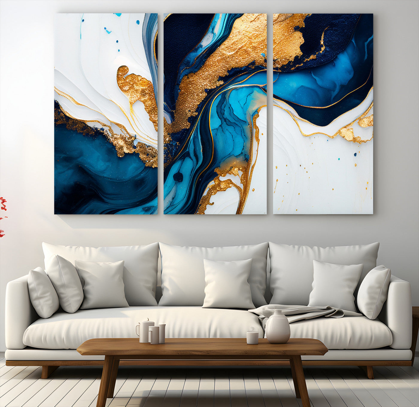 Luxurious abstract canvas in gold, navy, and teal tones with fluid marble patterns, perfect for modern glam or upscale interiors.