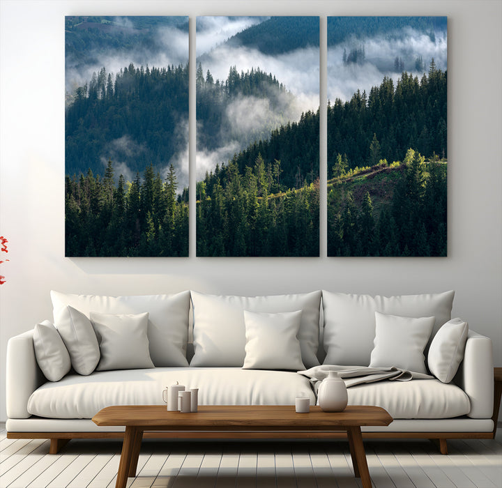 Moody canvas of misty pine forests over layered hills, perfect for cool-toned nature-inspired or woodland-style home decor.