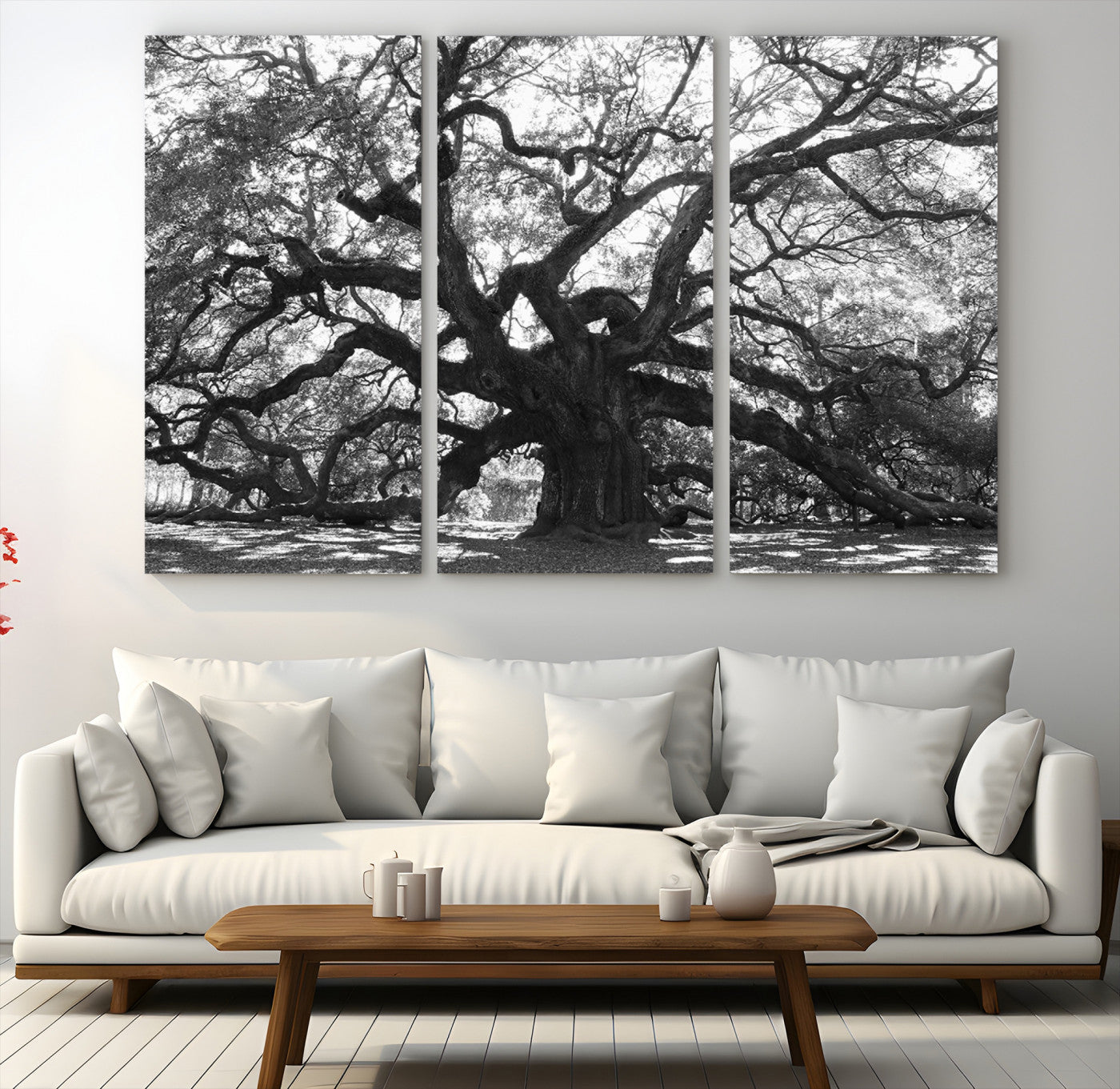 Black and white canvas of an ancient oak tree with sprawling, twisted branches, ideal for moody nature-inspired or rustic decor.
