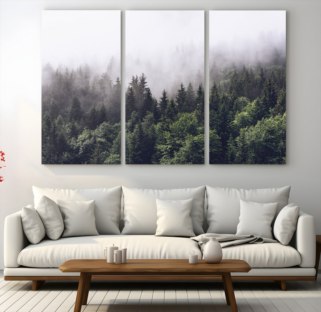 Misty Forest Wall Art Canvas Print, Serene Foggy Pines and Pine Valley