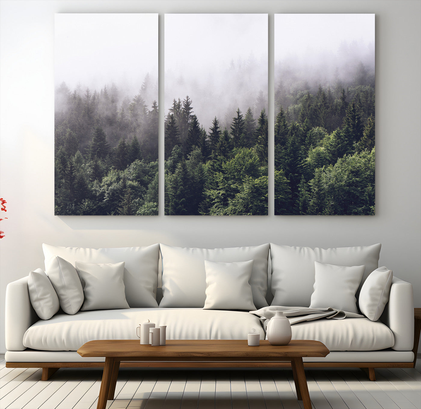 Canvas of dense misty forest in dark green tones, ideal for moody forest or atmospheric woodland-themed home decor.