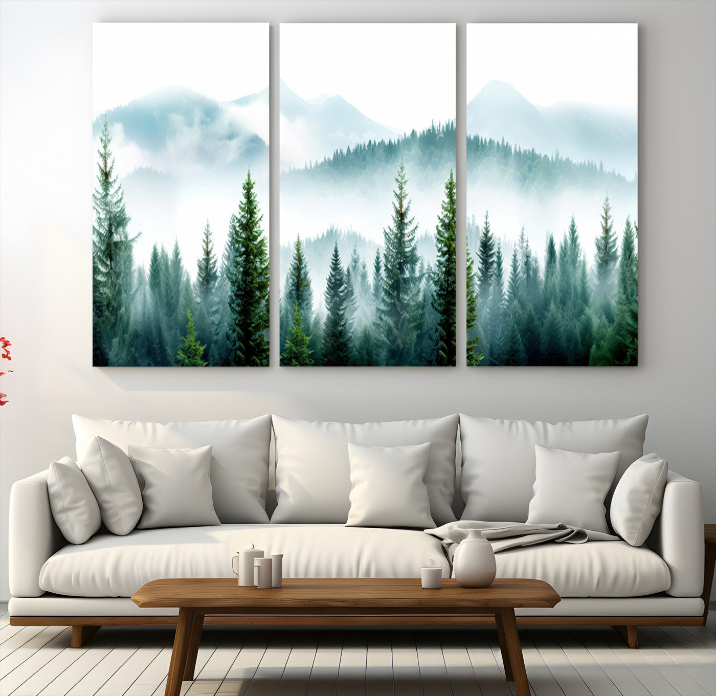 Canvas of pine forest and misty mountain layers in cool tones, perfect for moody forest or serene nature-inspired home decor.