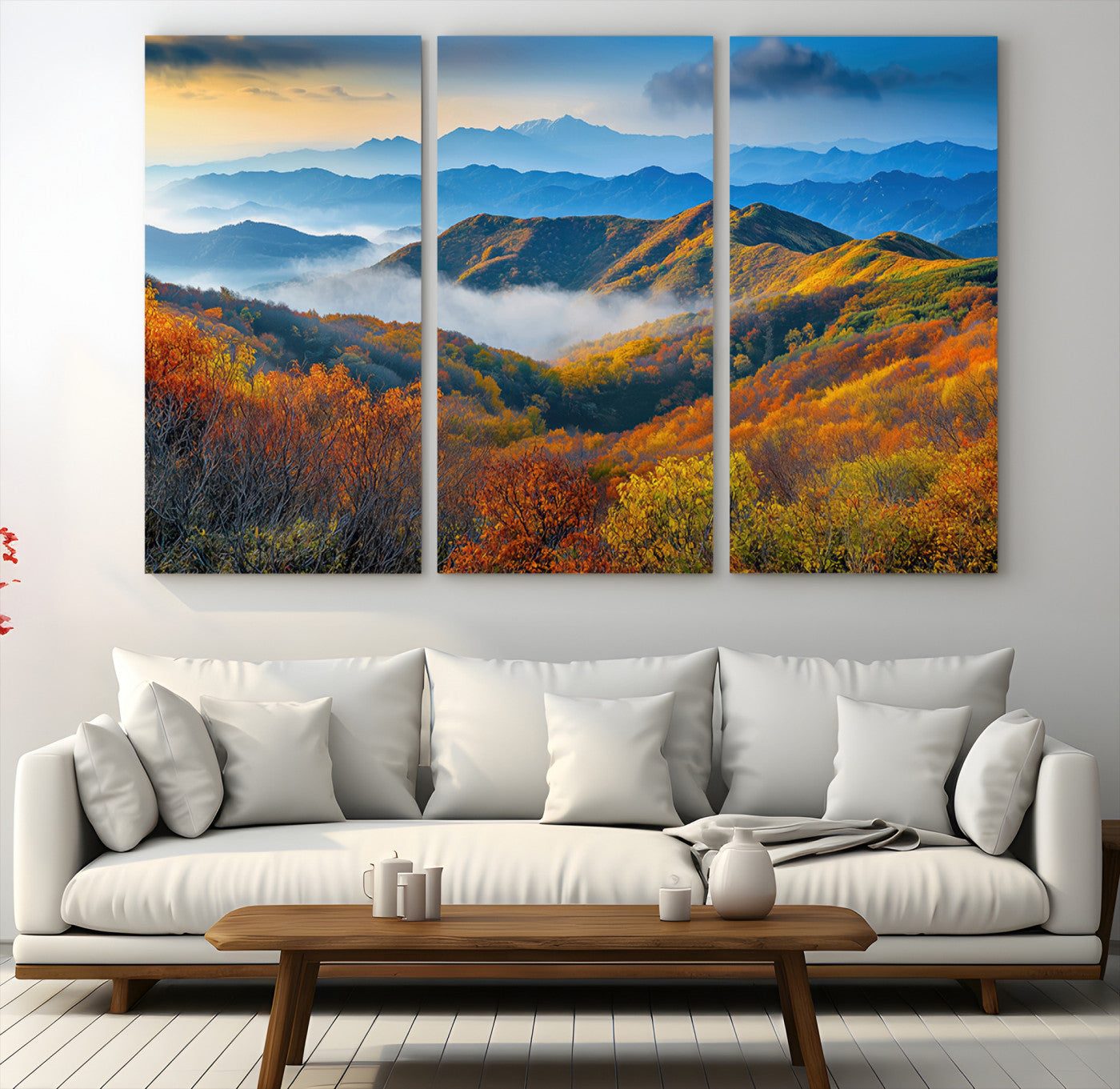 86772247-MGV-CV-48X32-3P-Autumn Mountains Wall Art Canvas Print – Foggy Peaks Colorful Foliage Serene Landscape Nature Artwork for Home Office
