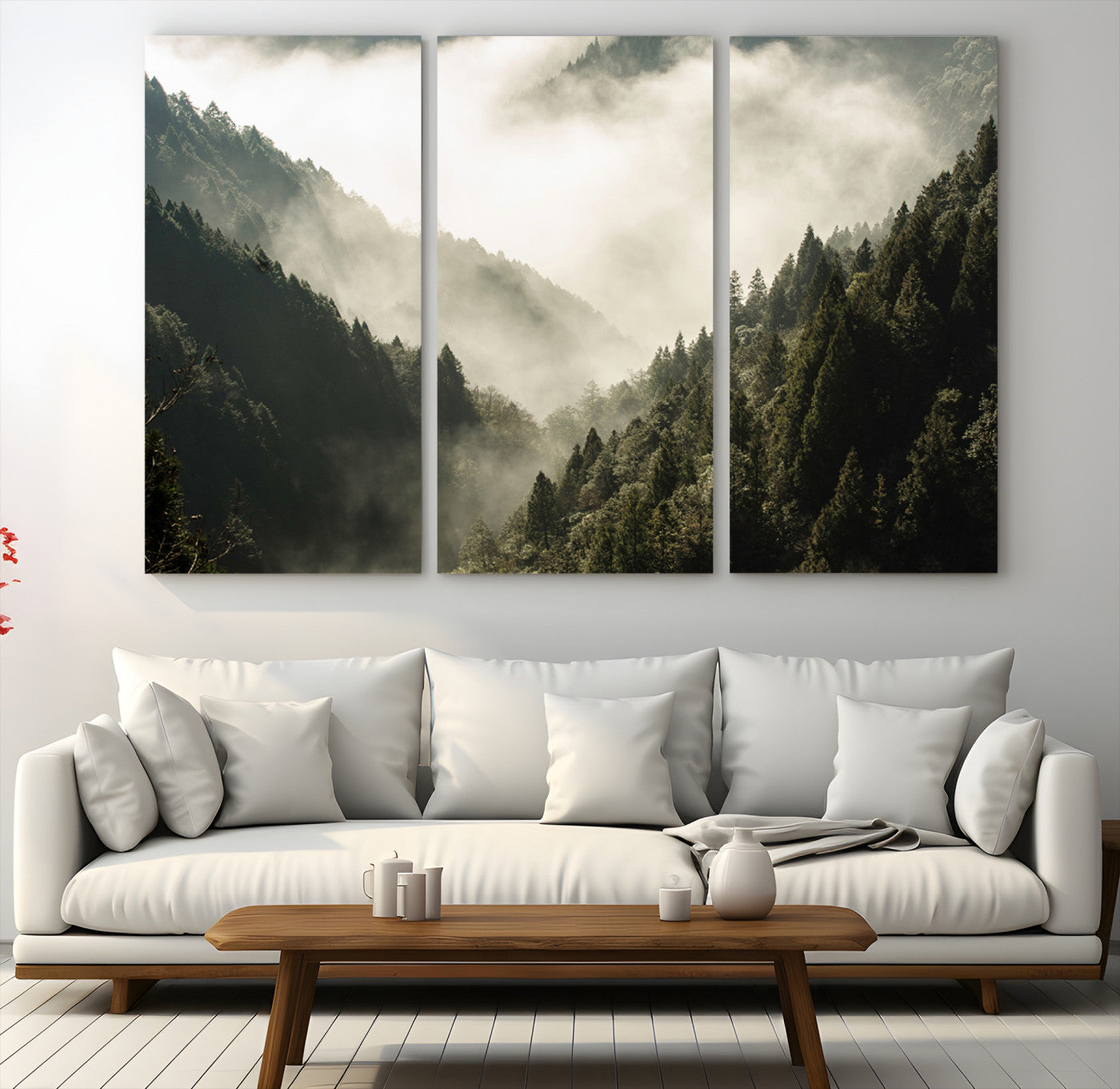 Canvas showing a misty pine forest valley with layered green hills and soft fog, perfect for moody or nature-themed decor styles.