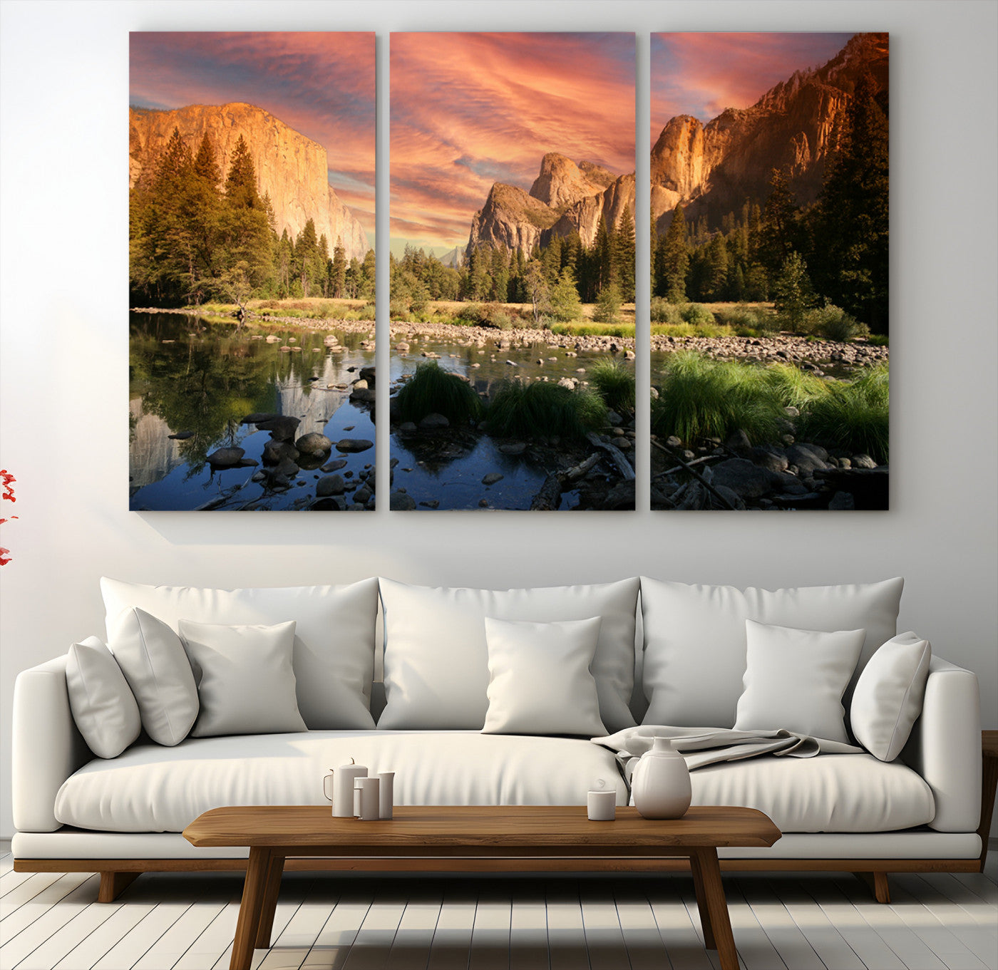Canvas of Yosemite Valley with El Capitan and sunset sky, featuring vibrant tones ideal for rustic or nature-inspired home decor.
